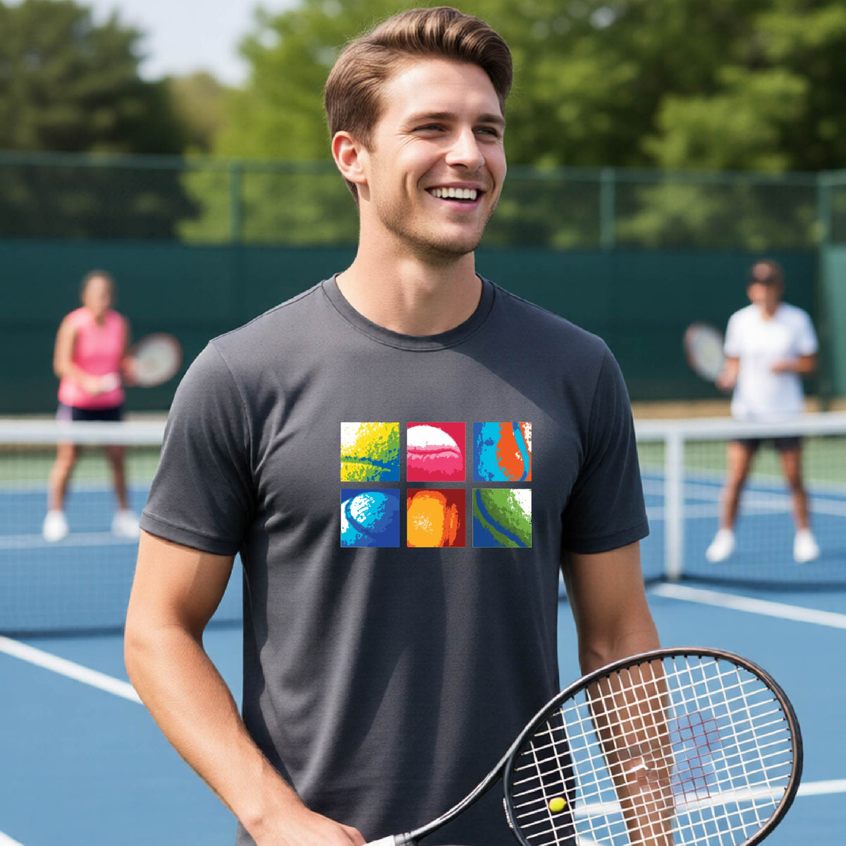 A smiling man on a blue tennis court holds a tennis racket and wears a dark gray T-shirt with a colorful 2x3 grid graphic on the chest of tennis balls. Other tennis players are blurred in the background.