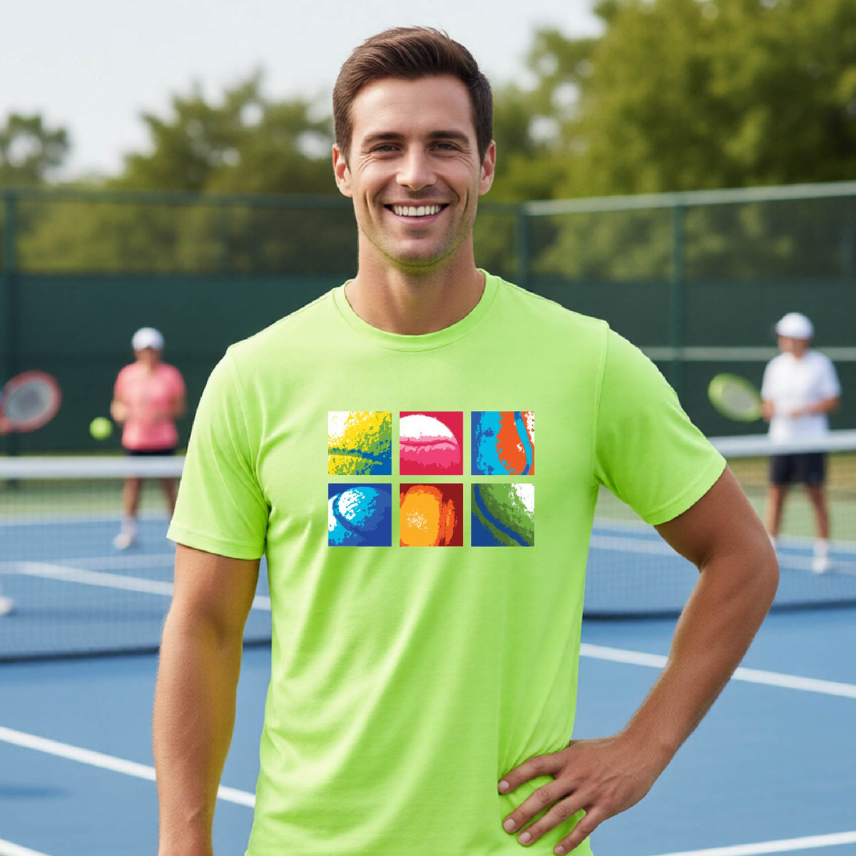A smiling man on a blue tennis court holds a tennis racket and wears a lime green T-shirt with a colorful 2x3 grid graphic on the chest of tennis balls. Other tennis players are blurred in the background.