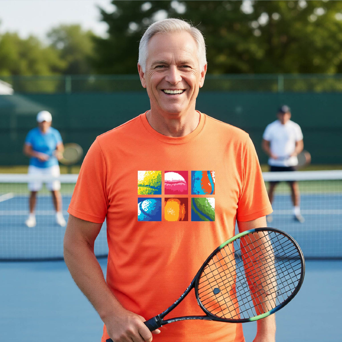 A smiling man on a blue tennis court holds a tennis racket and wears a orange T-shirt with a colorful 2x3 grid graphic on the chest of tennis balls. Other tennis players are blurred in the background.