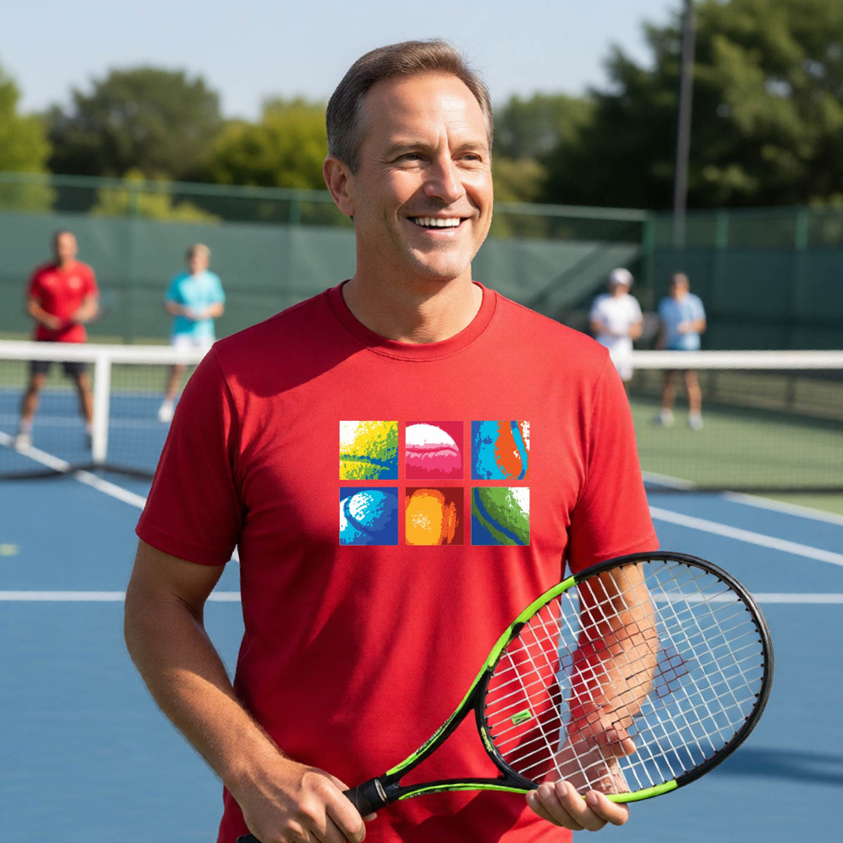 A smiling man on a blue tennis court holds a tennis racket and wears a red T-shirt with a colorful 2x3 grid graphic on the chest of tennis balls. Other tennis players are blurred in the background.
