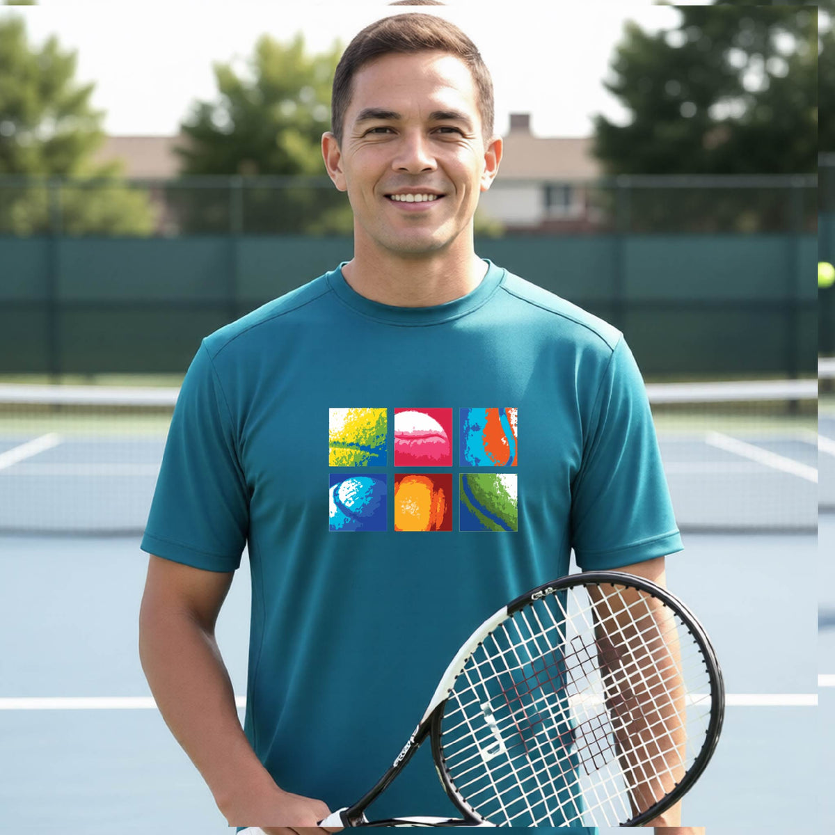 A smiling man on a blue tennis court holds a tennis racket and wears a teal T-shirt with a colorful 2x3 grid graphic on the chest of tennis balls. Other tennis players are blurred in the background.