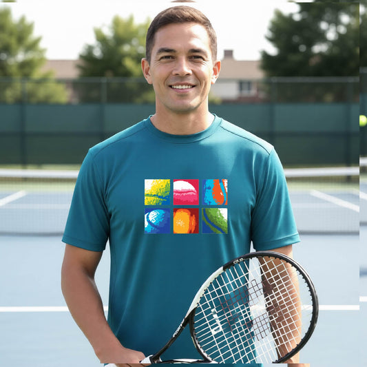 A smiling man on a blue tennis court holds a tennis racket and wears a teal T-shirt with a colorful 2x3 grid graphic on the chest of tennis balls. Other tennis players are blurred in the background.