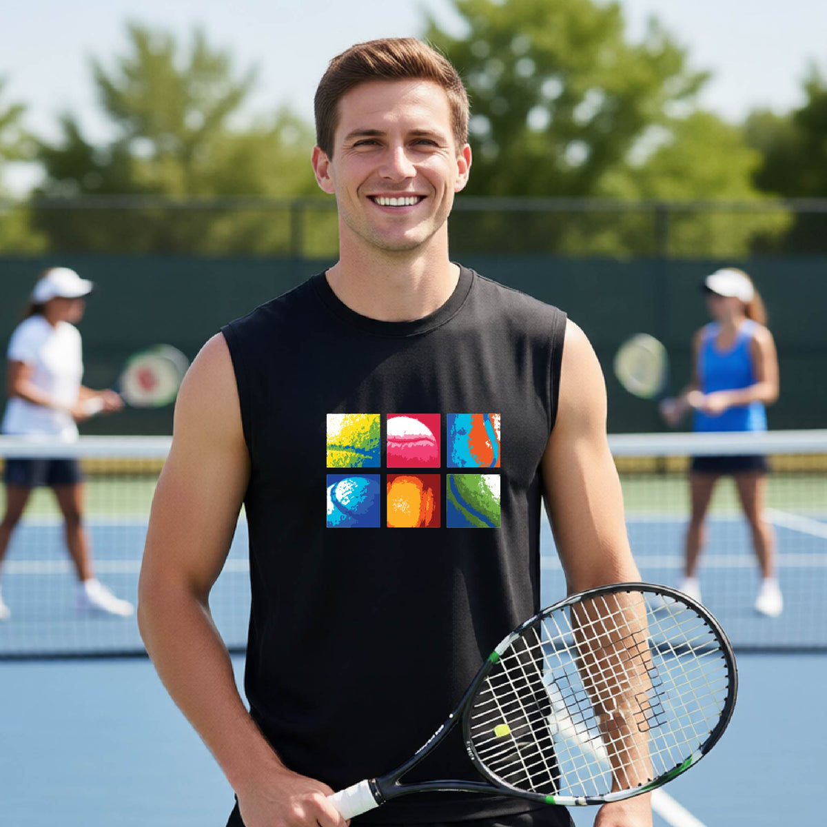 A smiling  man on a blue tennis court holds a tennis racket and wears a black T-shirt with a colorful 2x3 grid graphic on the chest of tennis balls. Other tennis players are blurred in the background.