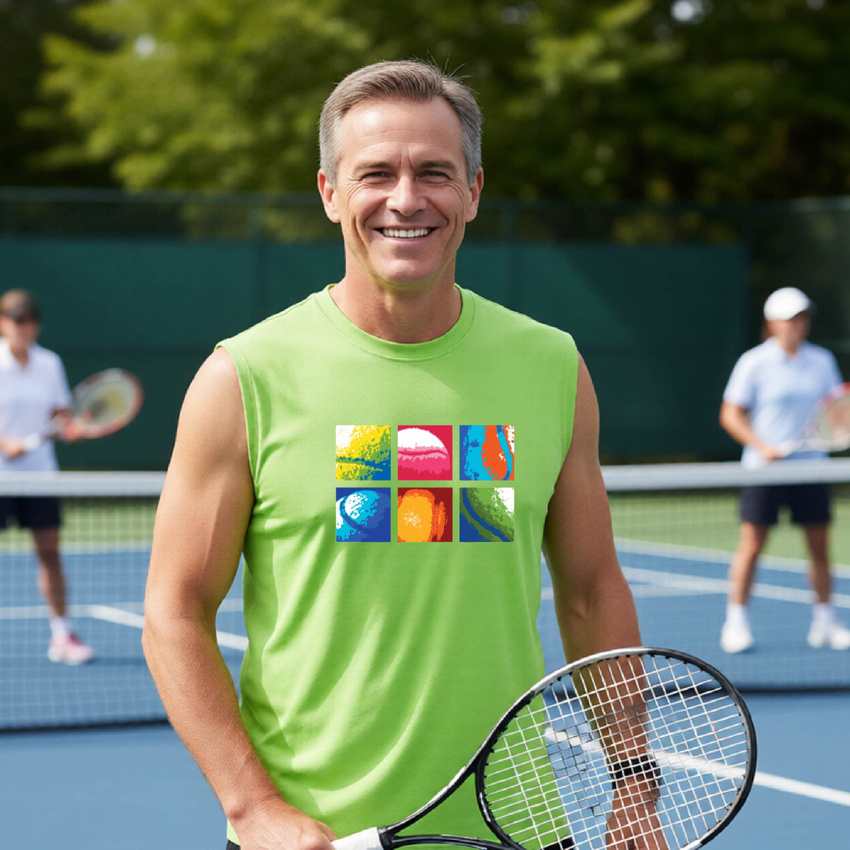 A smiling  man on a blue tennis court holds a tennis racket and wears a lime green T-shirt with a colorful 2x3 grid graphic on the chest of tennis balls. Other tennis players are blurred in the background.