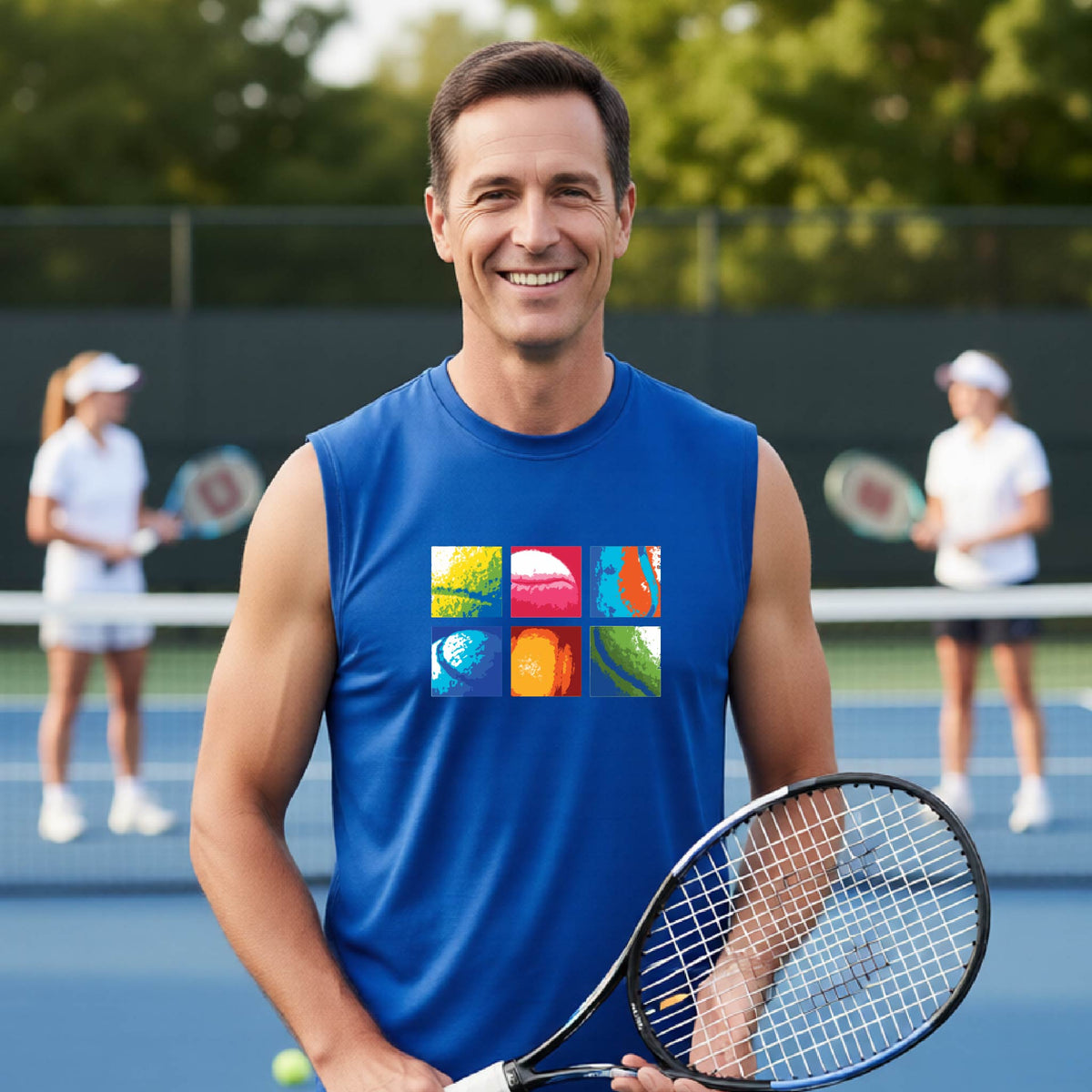 A smiling  man on a blue tennis court holds a tennis racket and wears a royal blue T-shirt with a colorful 2x3 grid graphic on the chest of tennis balls. Other tennis players are blurred in the background.