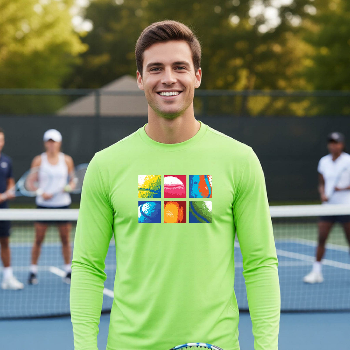 A smiling man on a blue tennis court holds a tennis racket and wears a lime green long-sleeve T-shirt with a colorful 2x3 grid graphic on the chest of tennis balls. Other tennis players are blurred in the background.
