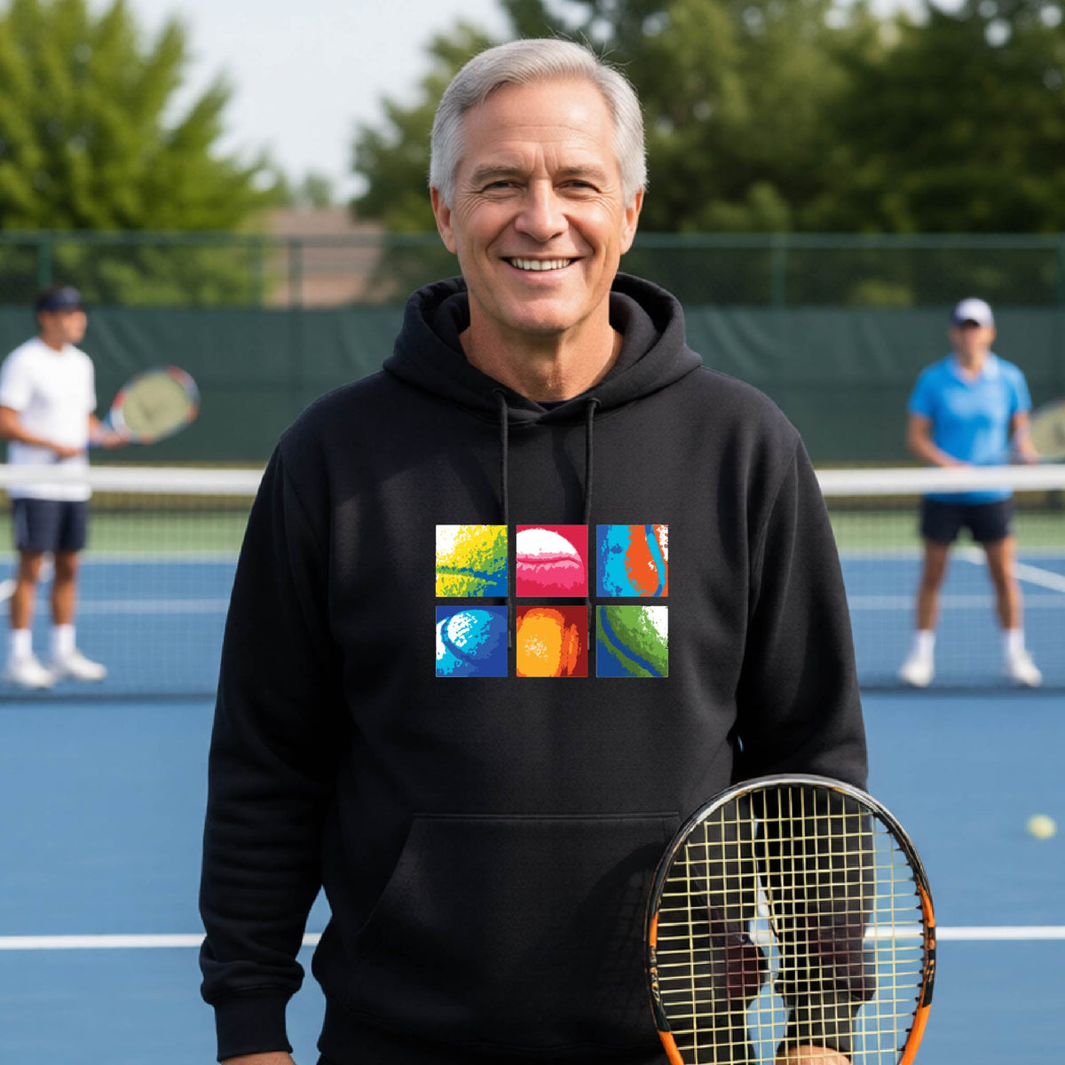 A man wearing a black  hoodie with a colorful 3x3 abstract graphic print on tennis balls on the chest, standing on a blue tennis court with other players blurred in the background.