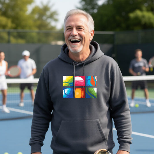 A man wearing a dark gray hoodie with a colorful 3x3 abstract graphic print on tennis balls on the chest, standing on a blue tennis court with other players blurred in the background.
