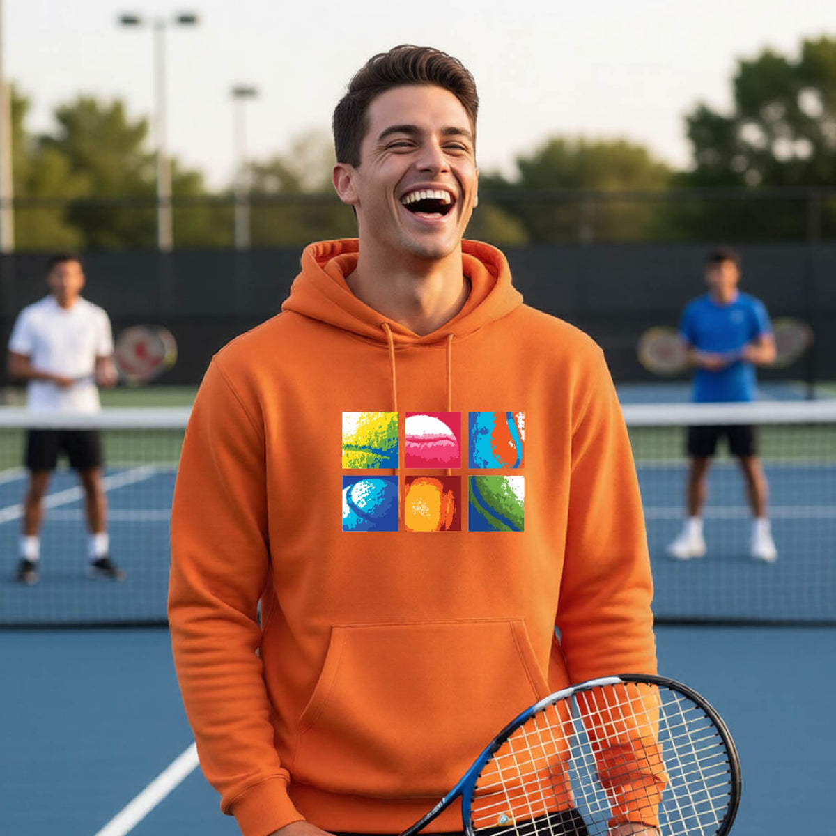 A man wearing an orange hoodie with a colorful 3x3 abstract graphic print on tennis balls on the chest, standing on a blue tennis court with other players blurred in the background.