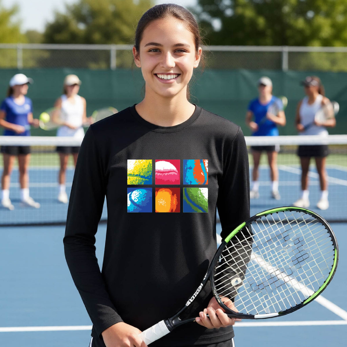 A smiling young female tennis player stands on a blue court holding a Wilson racket, wearing a black long-sleeve shirt with a colorful 2x3 grid graphic on the chest.