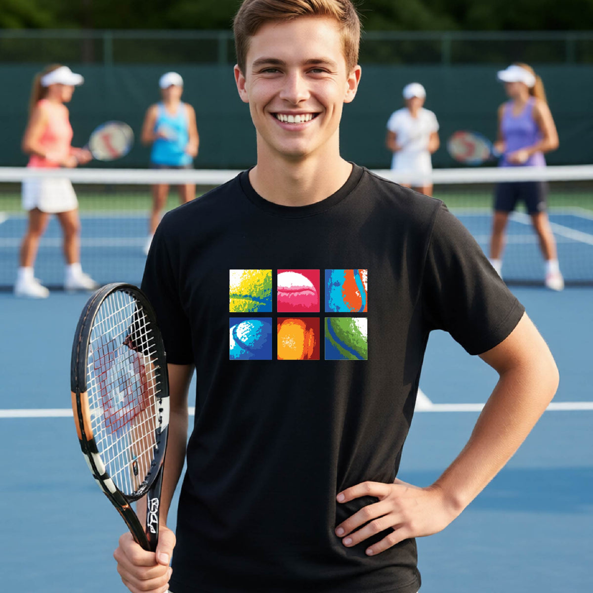 A smiling young man on a blue tennis court holds a tennis racket and wears a black T-shirt with a colorful 2x3 grid graphic on the chest of tennis balls. Other tennis players are blurred in the background.