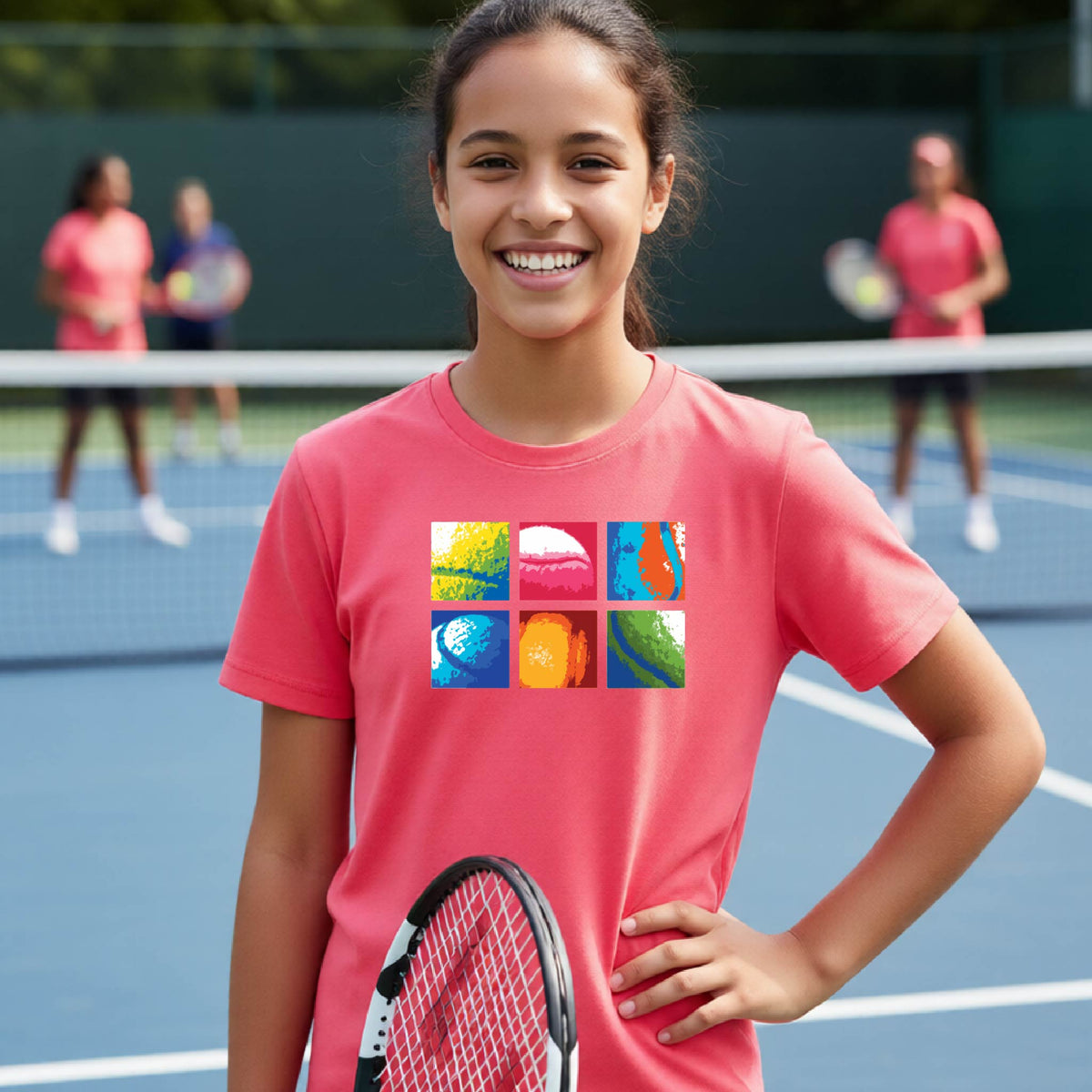 A smiling young woman on a blue tennis court holds a tennis racket and wears a coral colored T-shirt with a colorful 2x3 grid graphic on the chest of tennis balls. Other tennis players are blurred in the background.