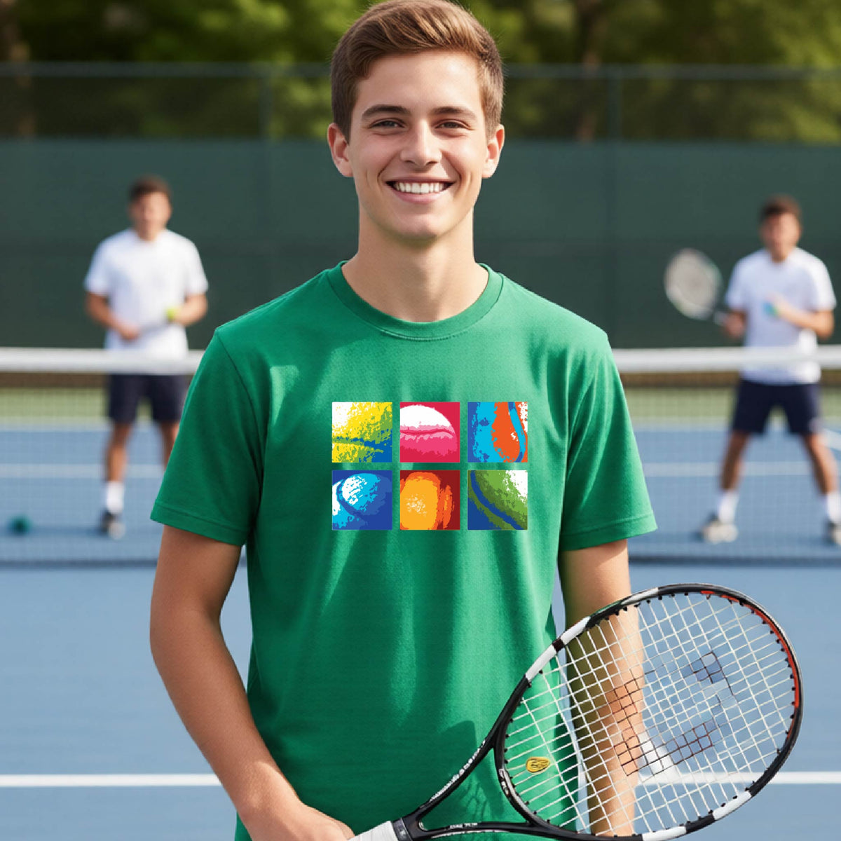 A smiling young man on a blue tennis court holds a tennis racket and wears a green T-shirt with a colorful 2x3 grid graphic on the chest of tennis balls. Other tennis players are blurred in the background.