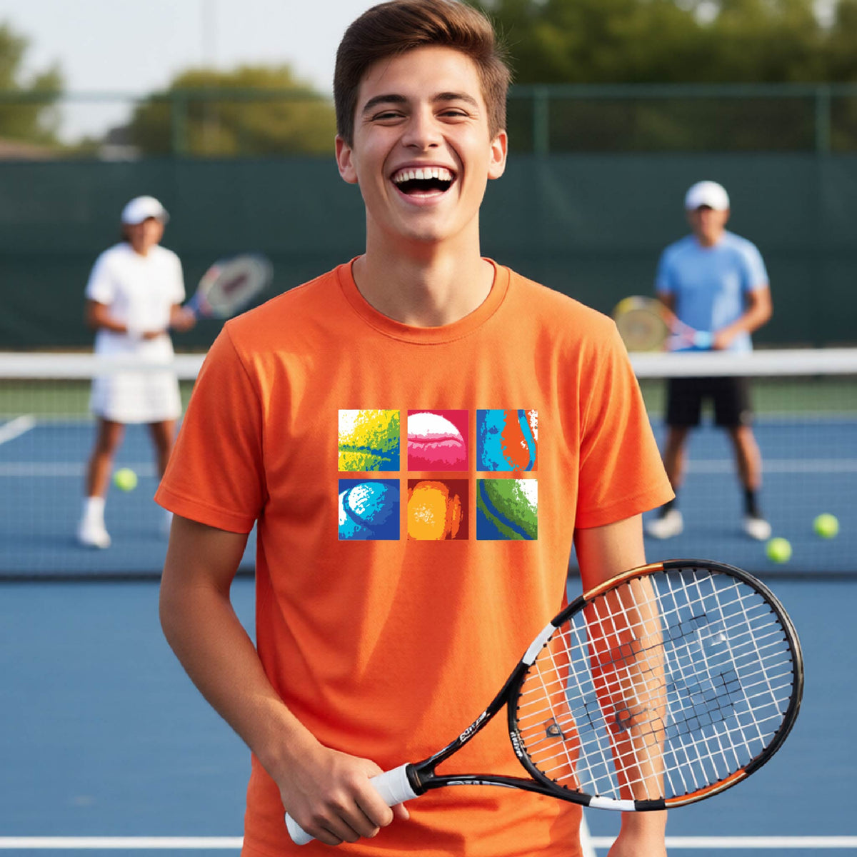 A smiling young man on a blue tennis court holds a tennis racket and wears an orange T-shirt with a colorful 2x3 grid graphic on the chest of tennis balls. Other tennis players are blurred in the background.