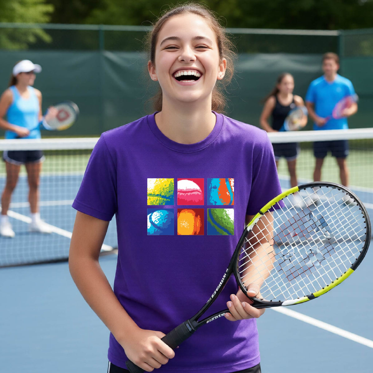 A smiling young woman on a blue tennis court holds a tennis racket and wears a purple T-shirt with a colorful 2x3 grid graphic on the chest of tennis balls. Other tennis players are blurred in the background.