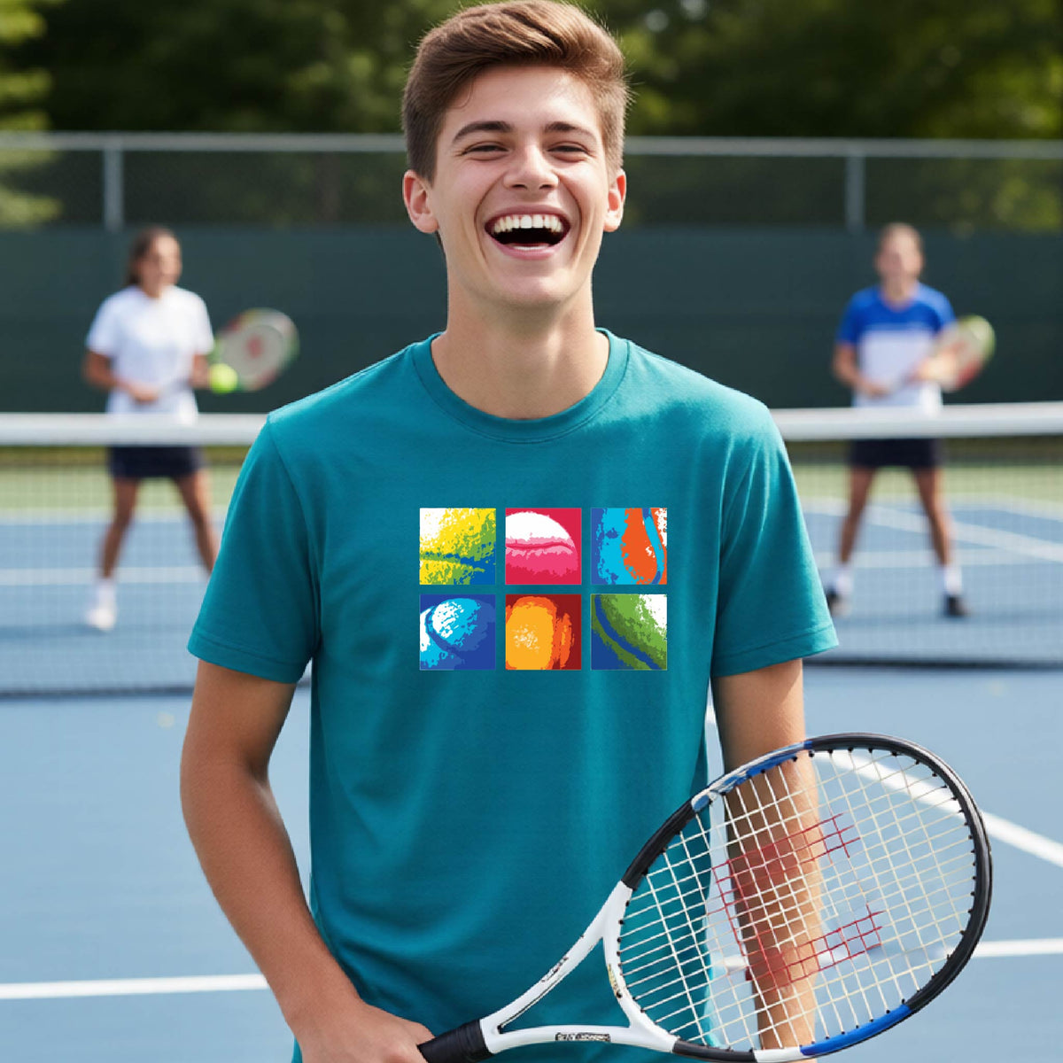 A smiling young man on a blue tennis court holds a tennis racket and wears a teal T-shirt with a colorful 2x3 grid graphic on the chest of tennis balls. Other tennis players are blurred in the background.