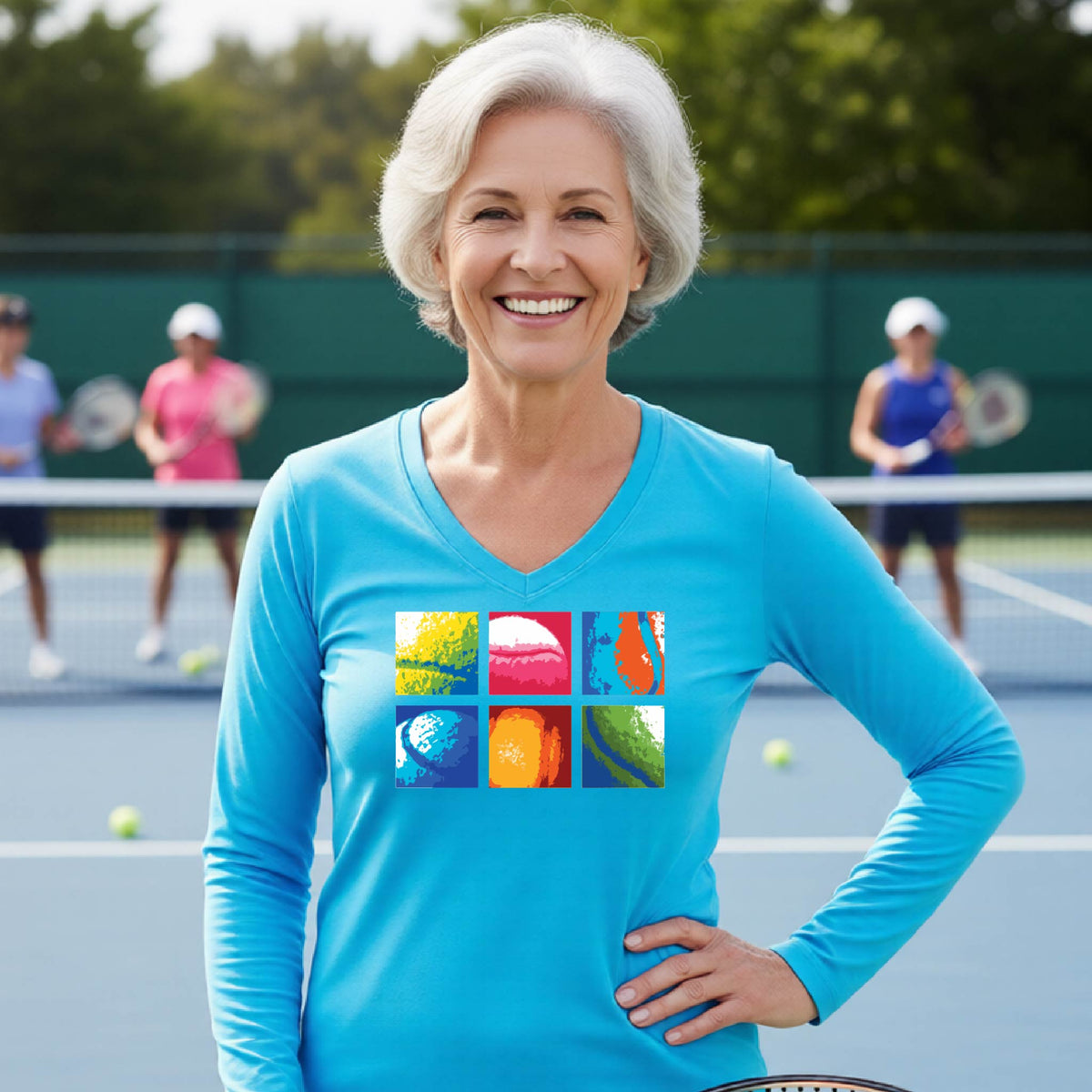 A smiling woman on a blue tennis court holds a tennis racket and wears a bright blue T-shirt with a colorful 2x3 grid graphic on the chest of tennis balls. Other tennis players are blurred in the background.