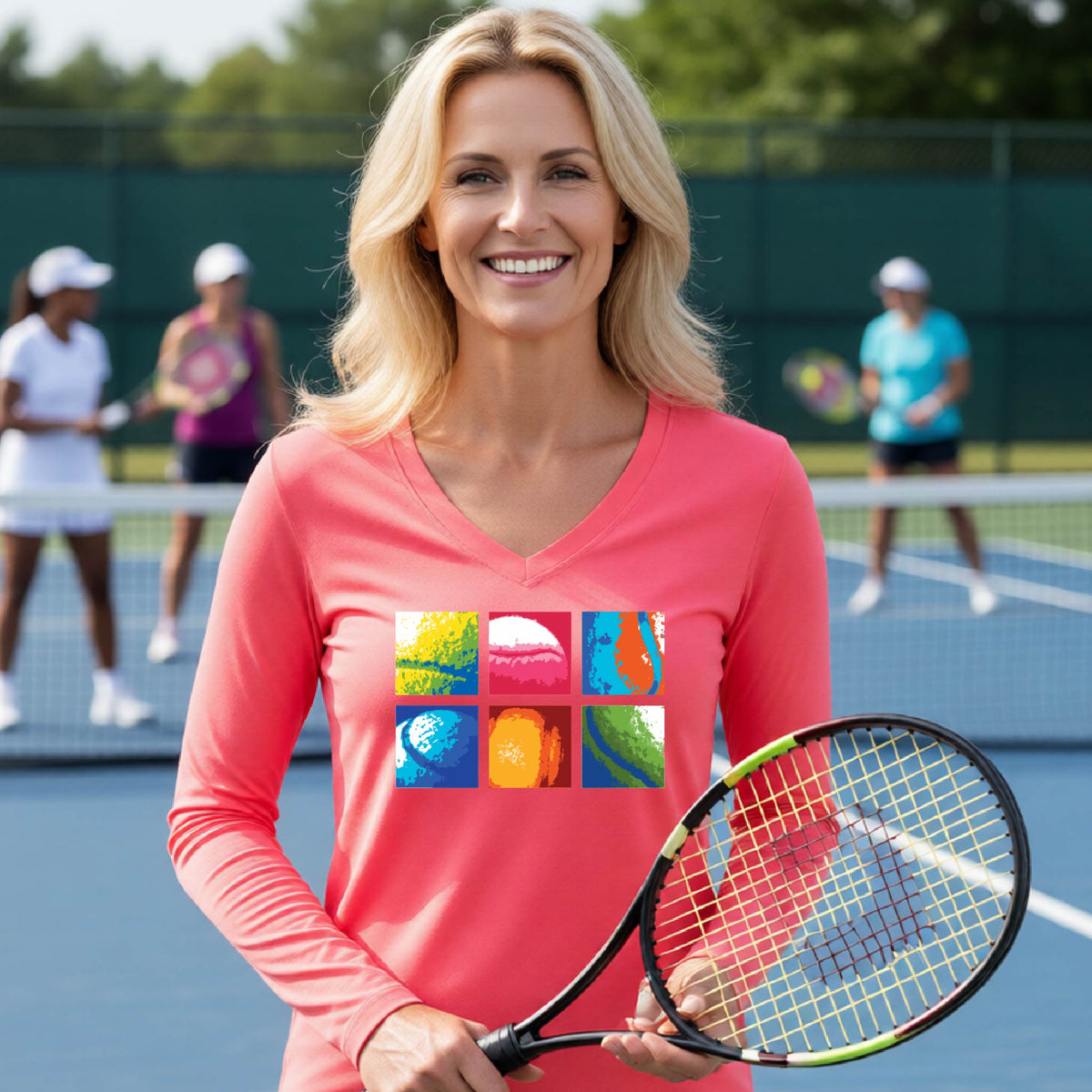 A smiling woman on a blue tennis court holds a tennis racket and wears a coral colored T-shirt with a colorful 2x3 grid graphic on the chest of tennis balls. Other tennis players are blurred in the background.