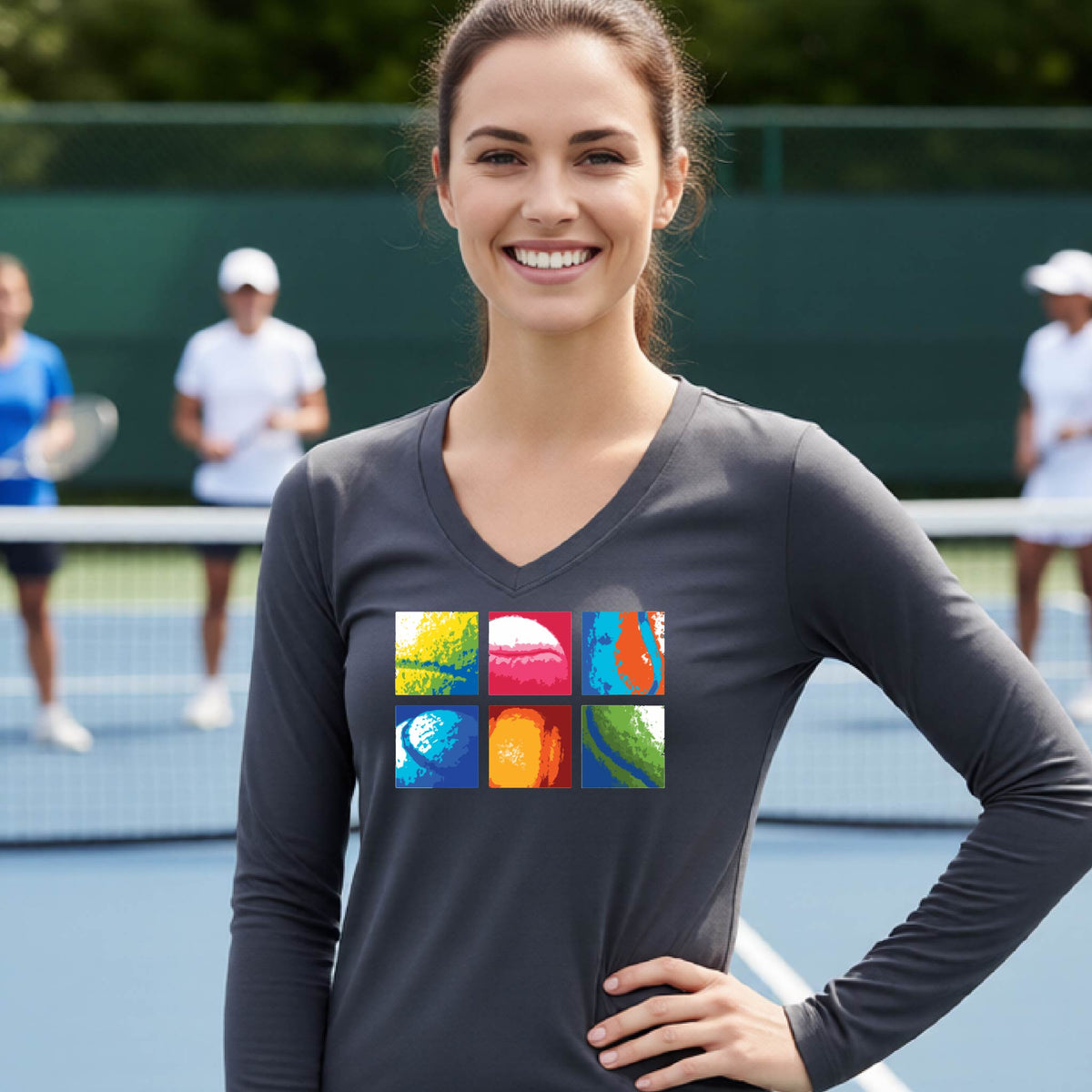 A smiling woman on a blue tennis court holds a tennis racket and wears a dark gray T-shirt with a colorful 2x3 grid graphic on the chest of tennis balls. Other tennis players are blurred in the background.