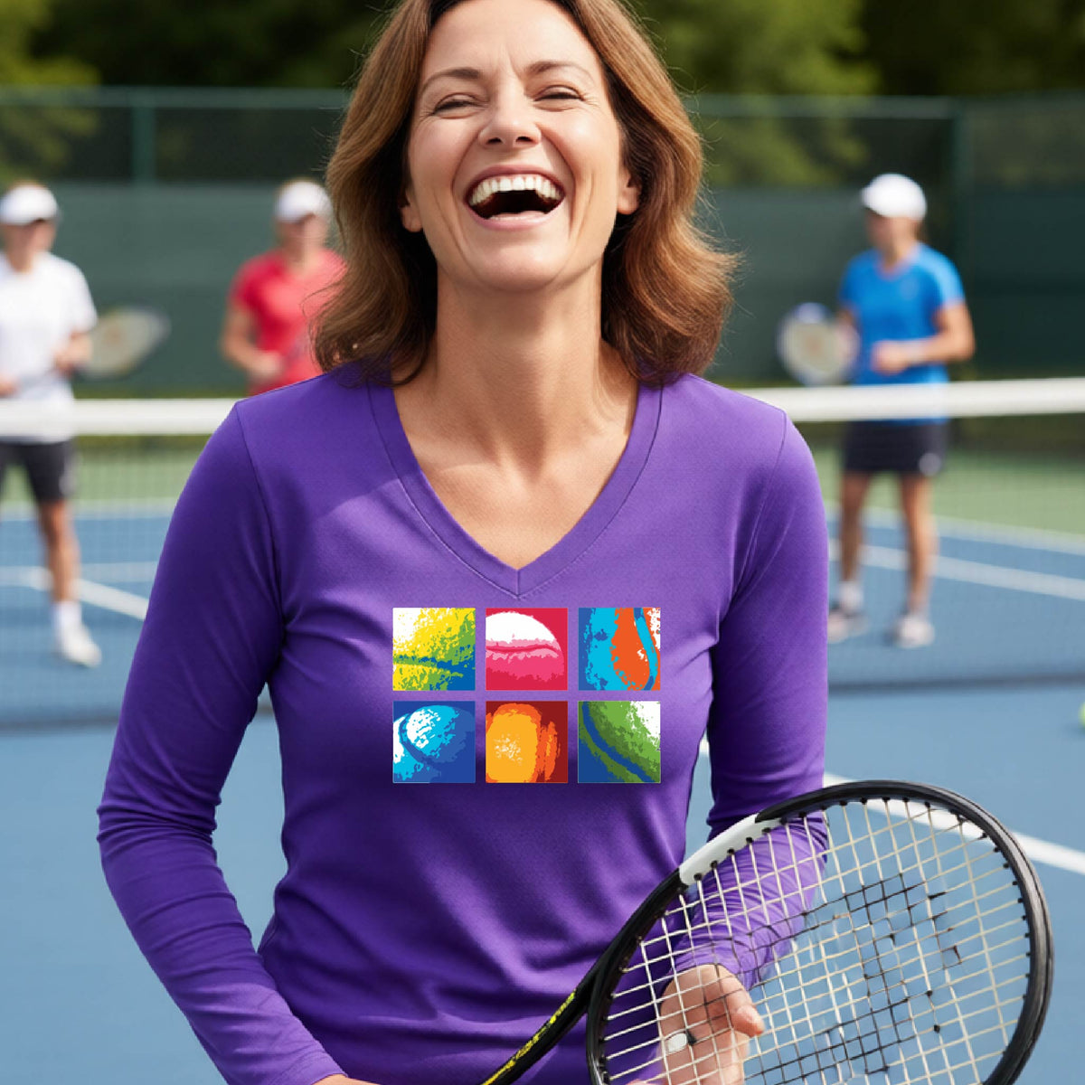 A smiling woman on a blue tennis court holds a tennis racket and wears a purple T-shirt with a colorful 2x3 grid graphic on the chest of tennis balls. Other tennis players are blurred in the background.