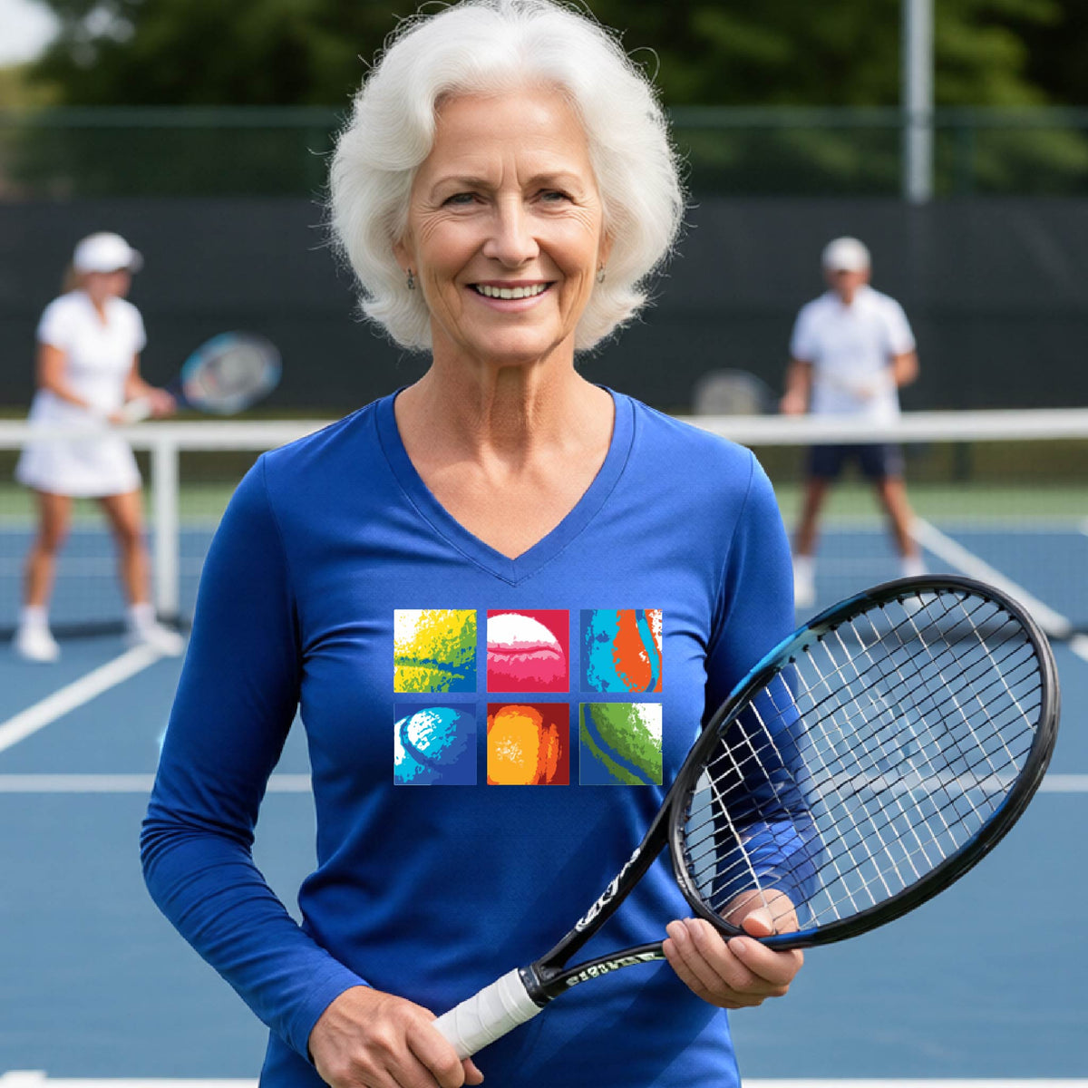 A smiling woman on a blue tennis court holds a tennis racket and wears a royal blue T-shirt with a colorful 2x3 grid graphic on the chest of tennis balls. Other tennis players are blurred in the background.