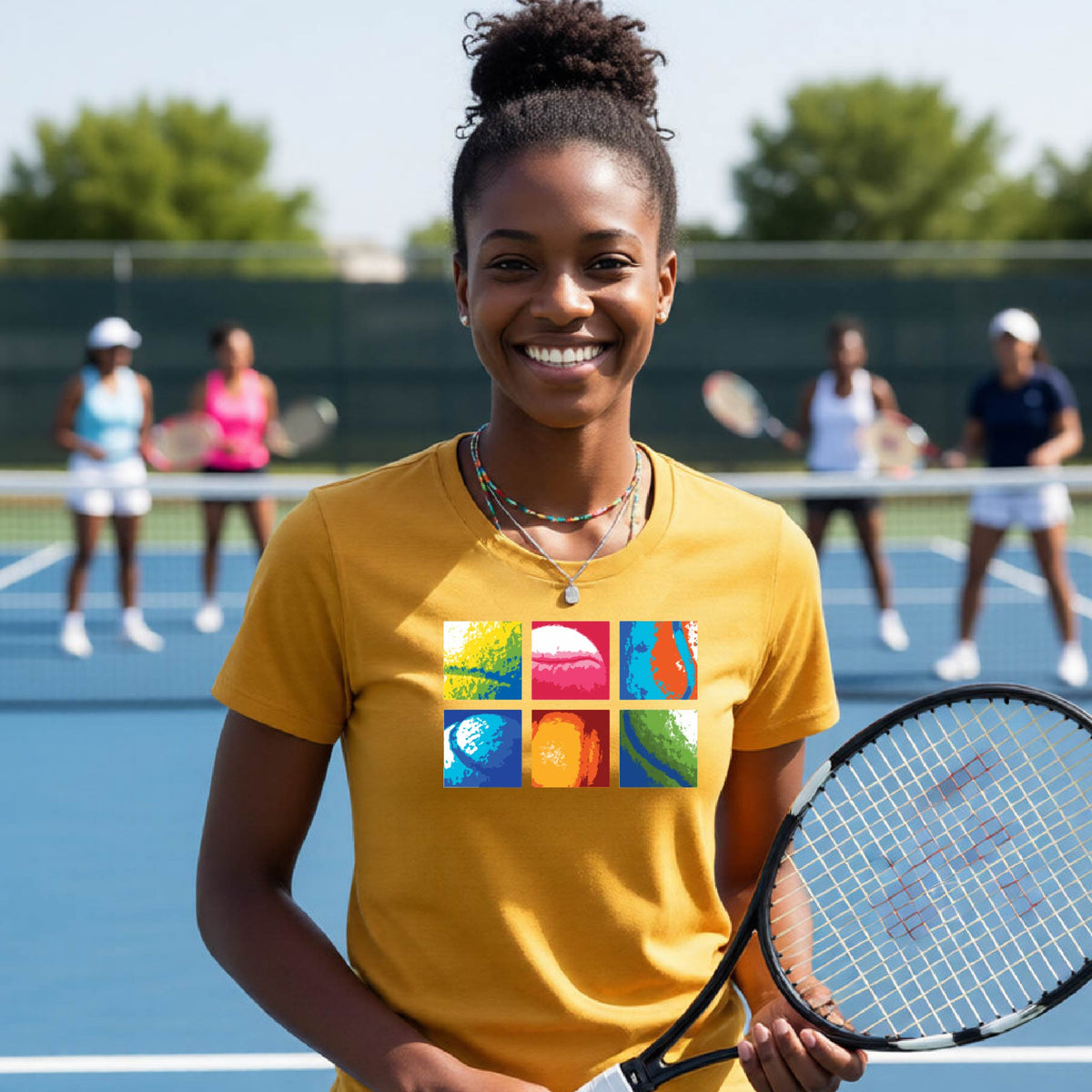 A smiling woman on a blue tennis court holds a tennis racket and wears a gold short-sleeve T-shirt with a colorful 2x3 grid graphic on the chest of tennis balls. Other tennis players are blurred in the background.
