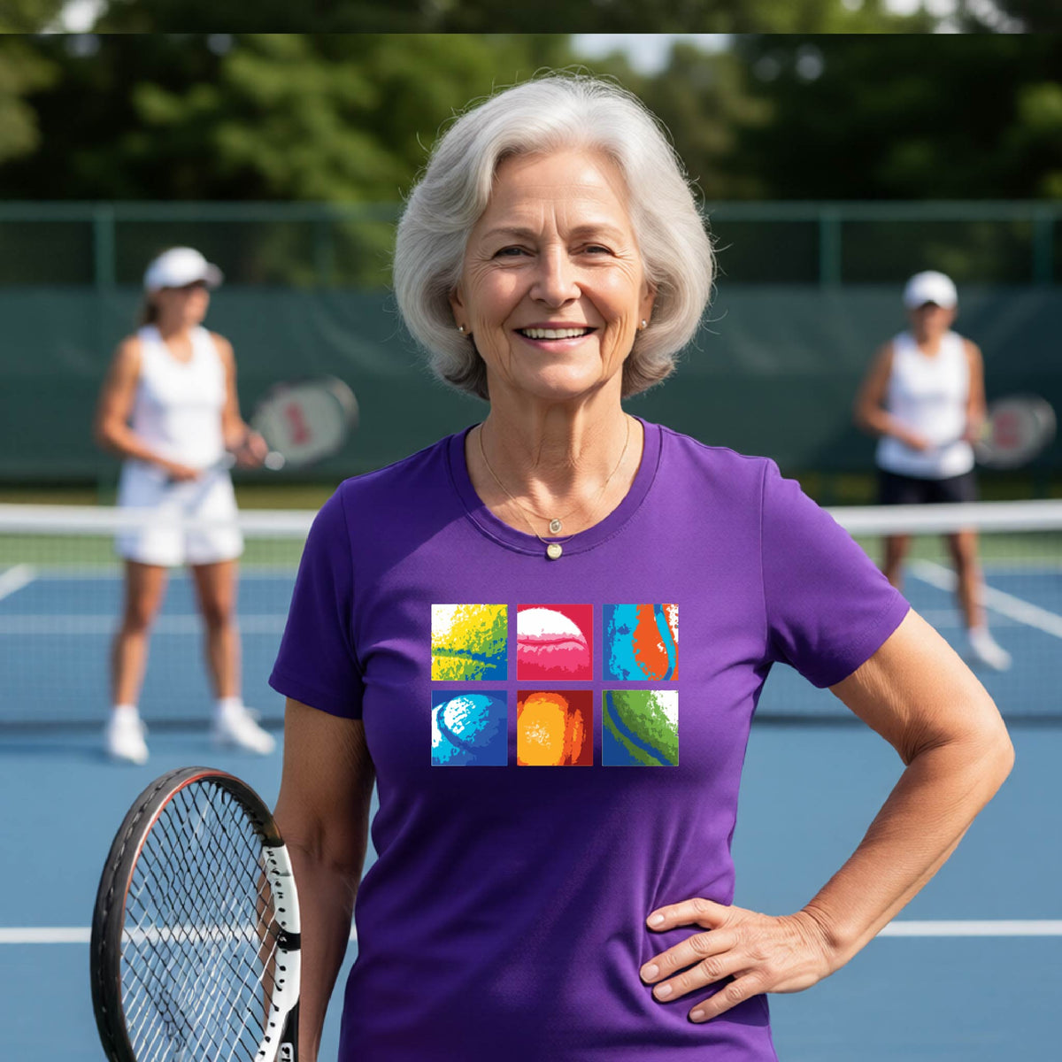 A smiling woman on a blue tennis court holds a tennis racket and wears a purple short-sleeve T-shirt with a colorful 2x3 grid graphic on the chest of tennis balls. Other tennis players are blurred in the background.