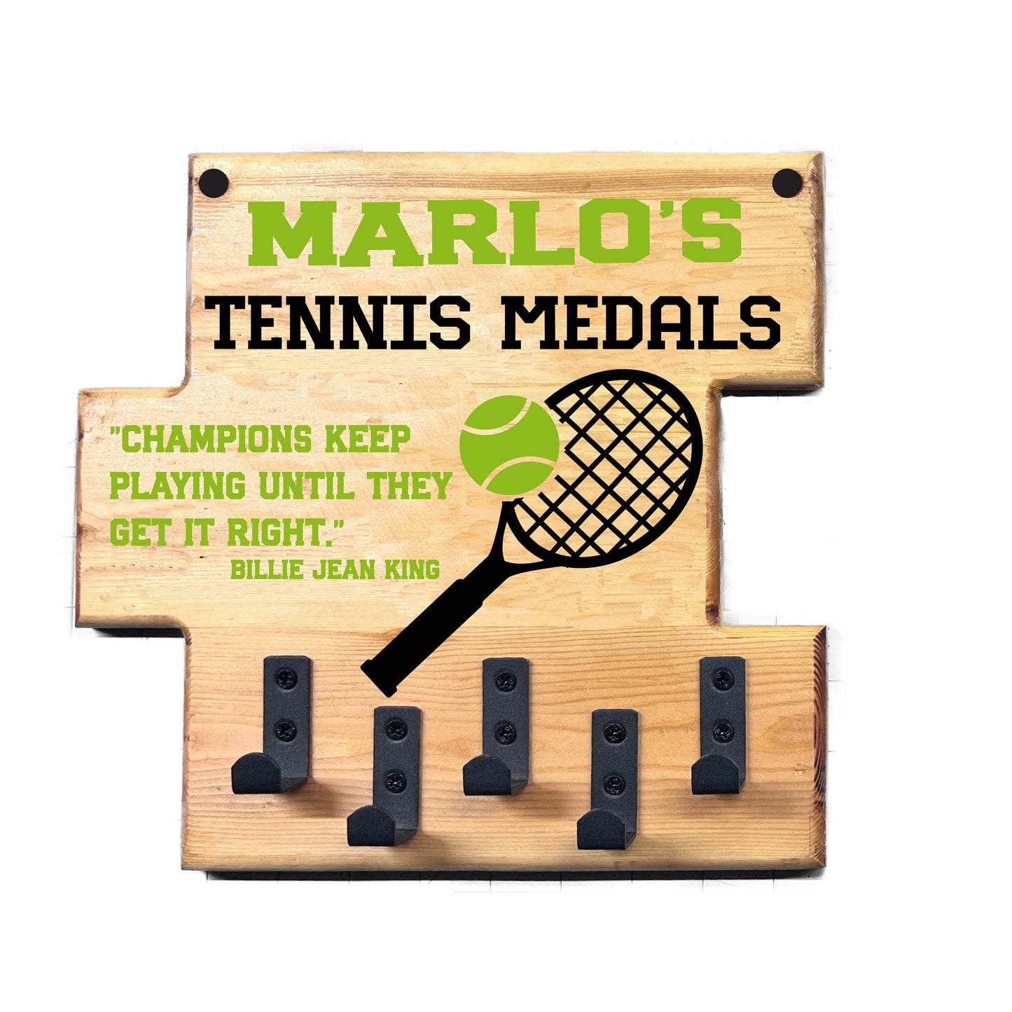 Custom Tennis "Champions Keep Playing Until They Get It Right" Trophy Display Rack | Sports Tournament Award Hanger