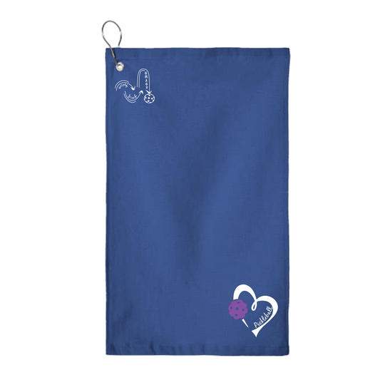 This Pickleball Love Heart and Purple Pickleball towel is crafted with cotton terry velour for optimal performance. It features grommets, hooks, and hemmed edges for added durability. It's perfect for completing your pickleball gear, and an ideal gift for friends and tournaments. The towel is designed to be both absorbent and lightweight, so you can remain dry and comfortable while you play