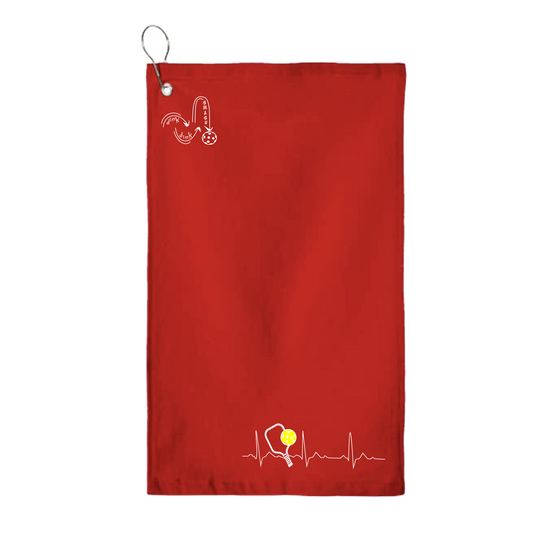 This Pickleball Heartbeat towel is crafted with cotton terry velour for optimal performance. It features grommets, hooks, and hemmed edges for added durability. It's perfect for completing your pickleball gear, and an ideal gift for friends and tournaments. The towel is designed to be both absorbent and lightweight, so you can remain dry and comfortable while you play.