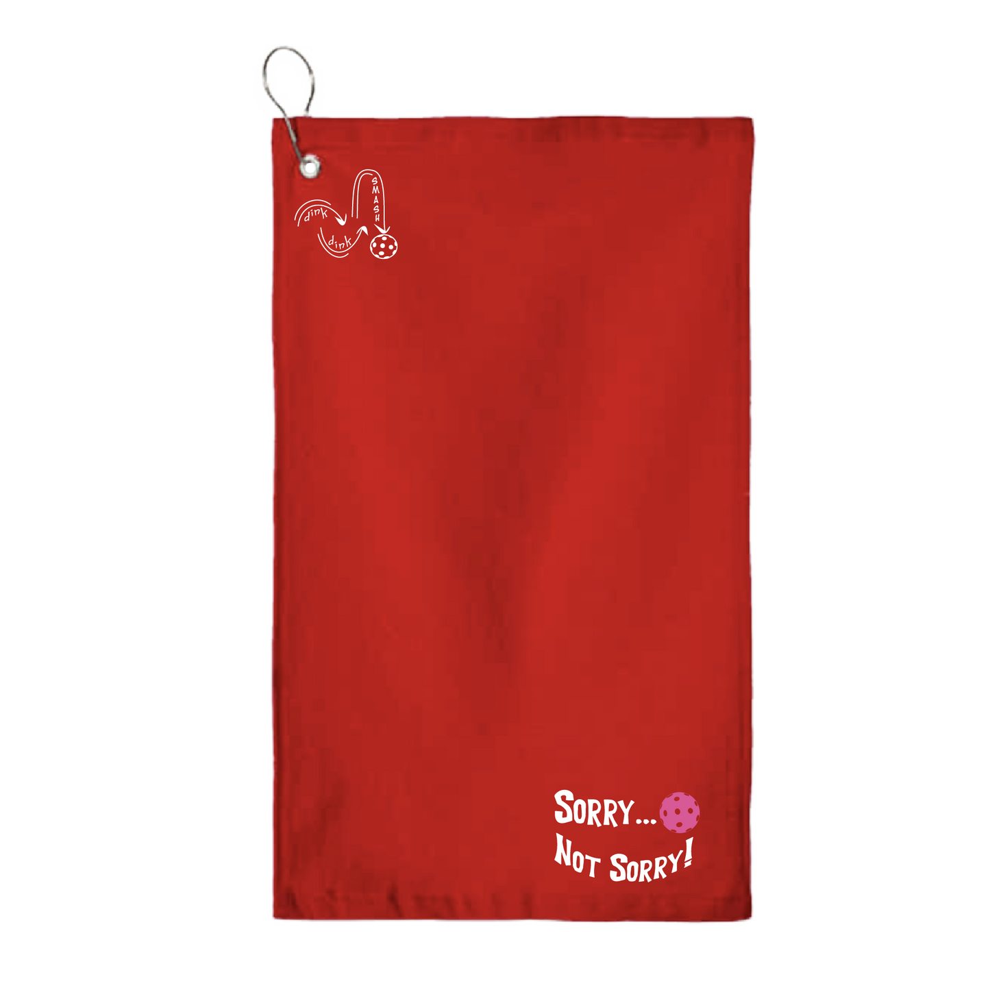 This Sorry...Not Sorry pickleball towel is crafted with cotton terry velour for optimal performance. It features grommets, hooks, and hemmed edges for added durability. It's perfect for completing your pickleball gear, and an ideal gift for friends and tournaments. The towel is designed to be both absorbent and lightweight, so you can remain dry and comfortable while you play.