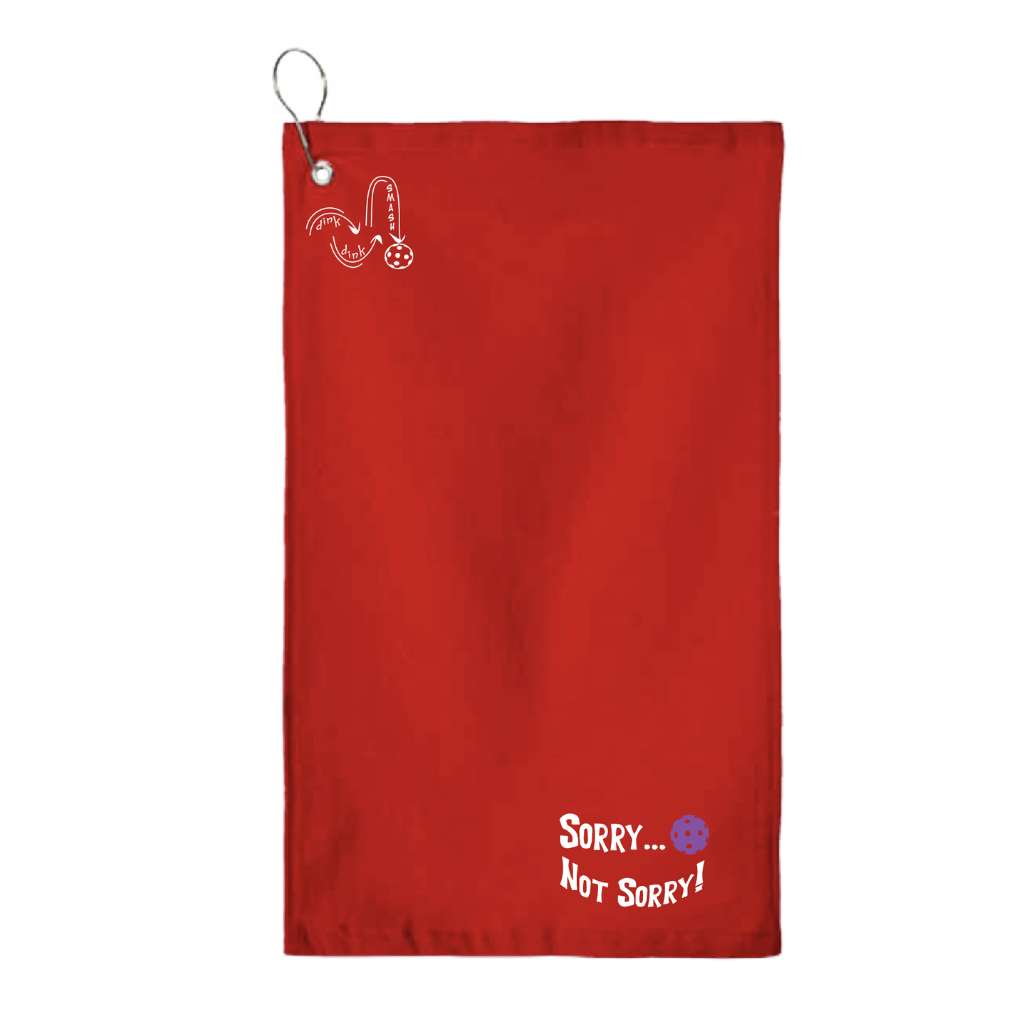 This Sorry...Not Sorry pickleball towel is crafted with cotton terry velour for optimal performance. It features grommets, hooks, and hemmed edges for added durability. It's perfect for completing your pickleball gear, and an ideal gift for friends and tournaments. The towel is designed to be both absorbent and lightweight, so you can remain dry and comfortable while you play.