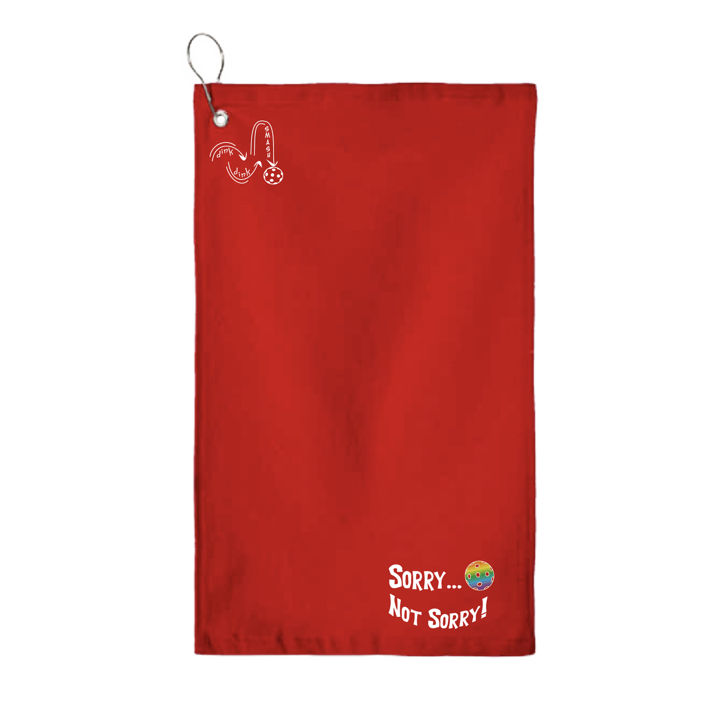 This Sorry...Not Sorry pickleball towel is crafted with cotton terry velour for optimal performance. It features grommets, hooks, and hemmed edges for added durability. It's perfect for completing your pickleball gear, and an ideal gift for friends and tournaments. The towel is designed to be both absorbent and lightweight, so you can remain dry and comfortable while you play.