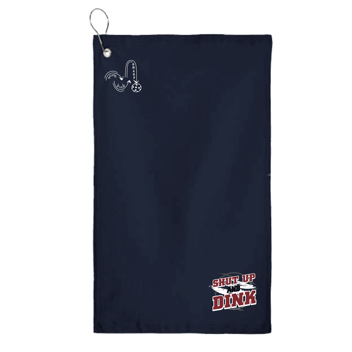 This Shut Up and Dink Pickleball towel is crafted with cotton terry velour for optimal performance. It features grommets, hooks, and hemmed edges for added durability. It's perfect for completing your pickleball gear, and an ideal gift for friends and tournaments. The towel is designed to be both absorbent and lightweight, so you can remain dry and comfortable while you play. 