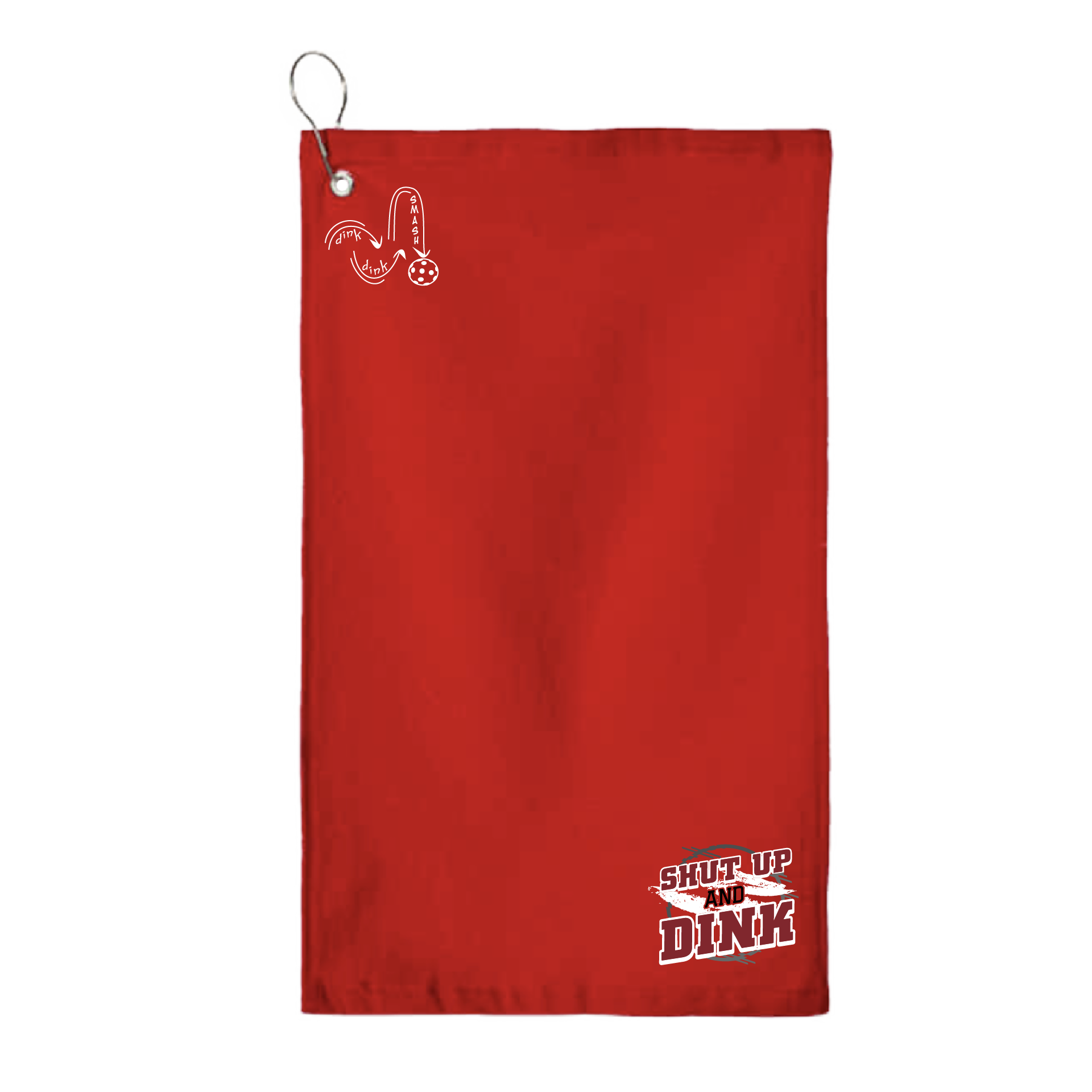 This Shut Up and Dink Pickleball towel is crafted with cotton terry velour for optimal performance. It features grommets, hooks, and hemmed edges for added durability. It's perfect for completing your pickleball gear, and an ideal gift for friends and tournaments. The towel is designed to be both absorbent and lightweight, so you can remain dry and comfortable while you play. 