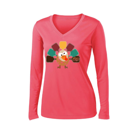 Turkey Pickleball | Women’s Long Sleeve V-Neck Pickleball Performance T-Shirt | 100% Polyester