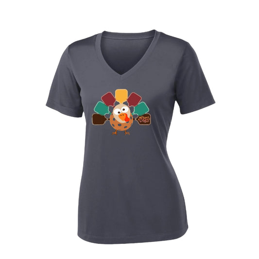 Turkey Pickleball | Women's Short Sleeve V-Neck Pickleball Performance T-Shirts | 100% Polyester