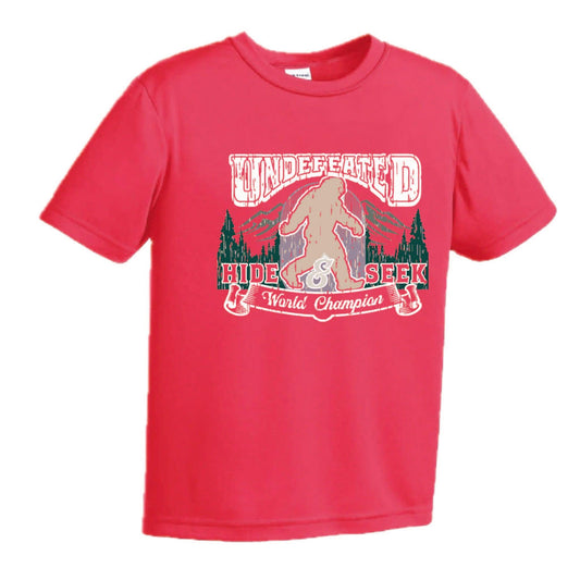 Undefeated Hide & Seek World Champion | Youth Short Sleeve Camping T-Shirts | 100% Polyester