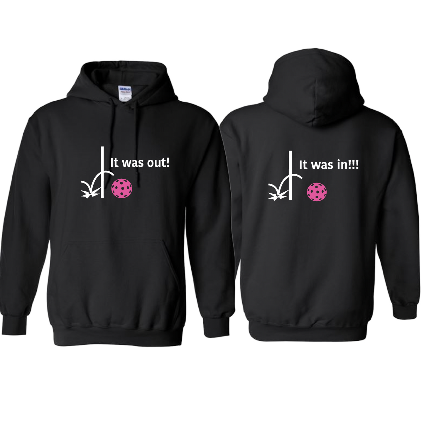 It Was Out! It Was In! (Pickleballs Pink Purple Rainbow) | Unisex Hoodie Athletic Sweatshirt | 50% Cotton/50% Polyester