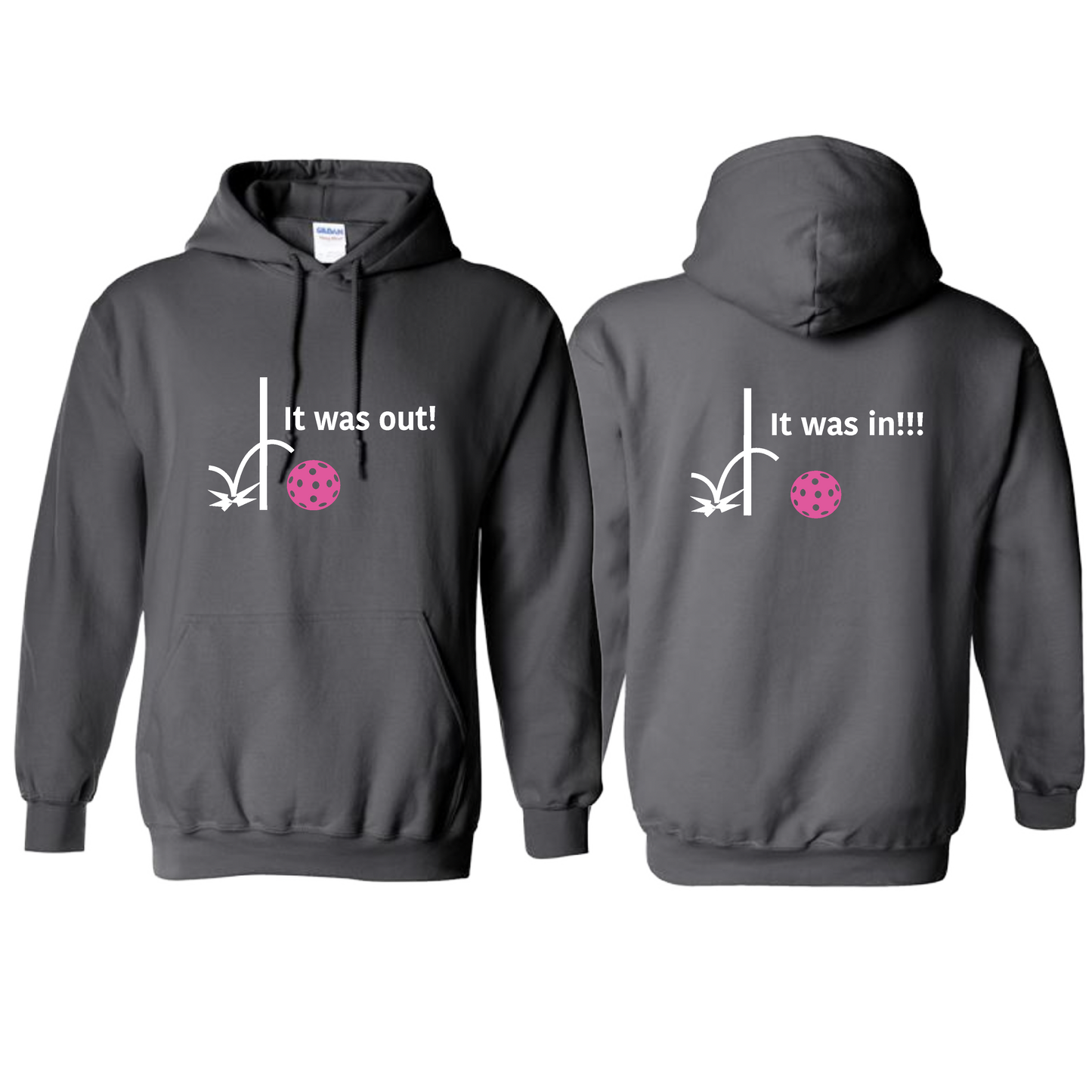 It Was Out! It Was In! (Pickleballs Pink Purple Rainbow) | Unisex Hoodie Athletic Sweatshirt | 50% Cotton/50% Polyester