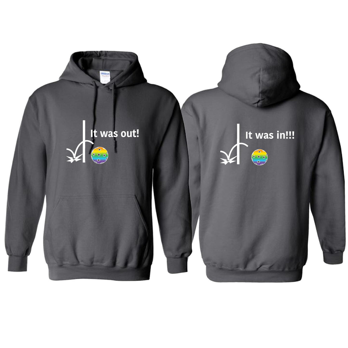 It Was Out! It Was In! (Pickleballs Pink Purple Rainbow) | Unisex Hoodie Athletic Sweatshirt | 50% Cotton/50% Polyester