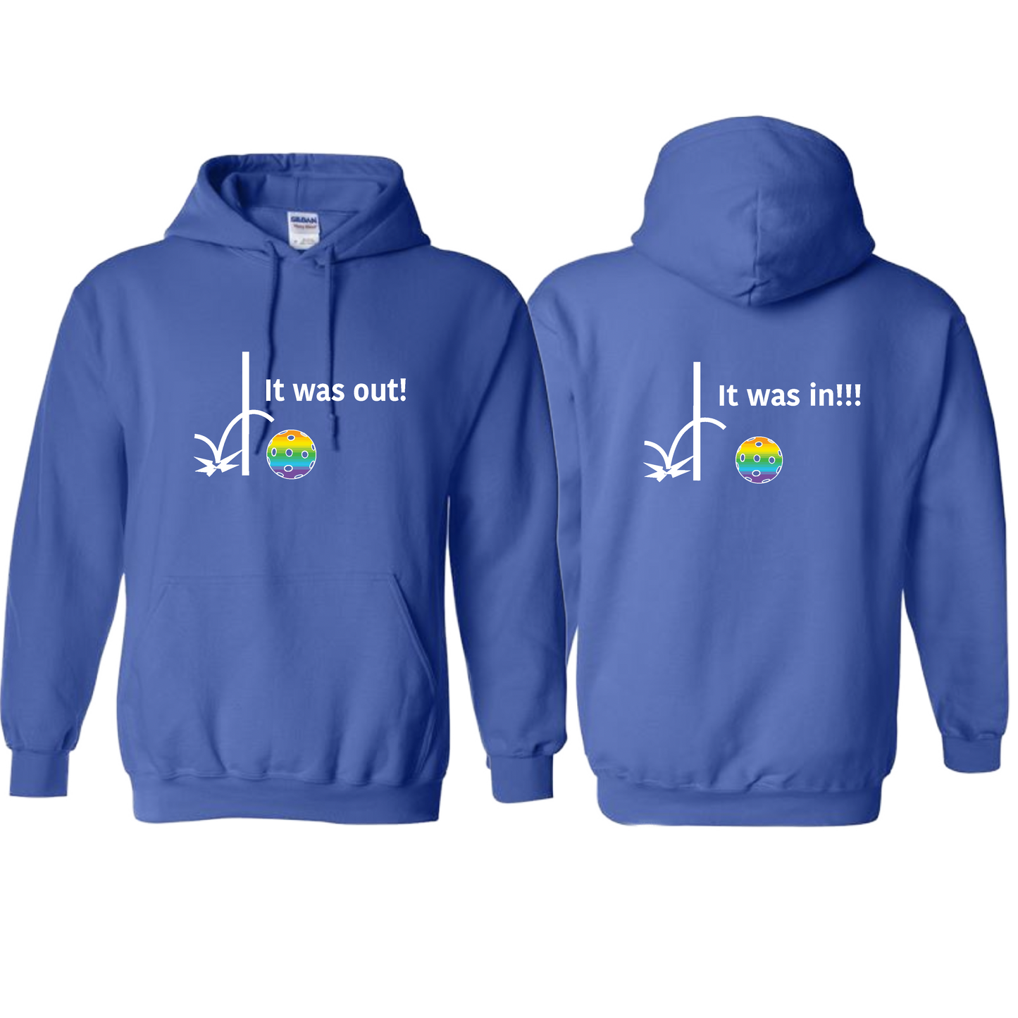 It Was Out! It Was In! (Pickleballs Pink Purple Rainbow) | Unisex Hoodie Athletic Sweatshirt | 50% Cotton/50% Polyester