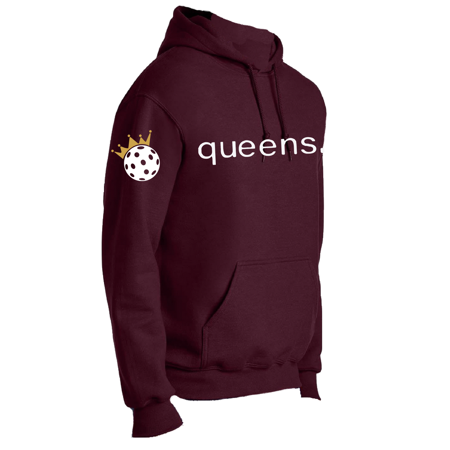 Design: Pickleball Queen with Crown  This unisex hooded sweatshirt is designed with the Pickleball Queen and Crown in mind, utilizing moisture-wicking and double lining features. A front pouch pocket ensures additional warmth, keeping you comfortable on the Pickleball courts with a unique look. Step up your game in this fashionably functional hoodie