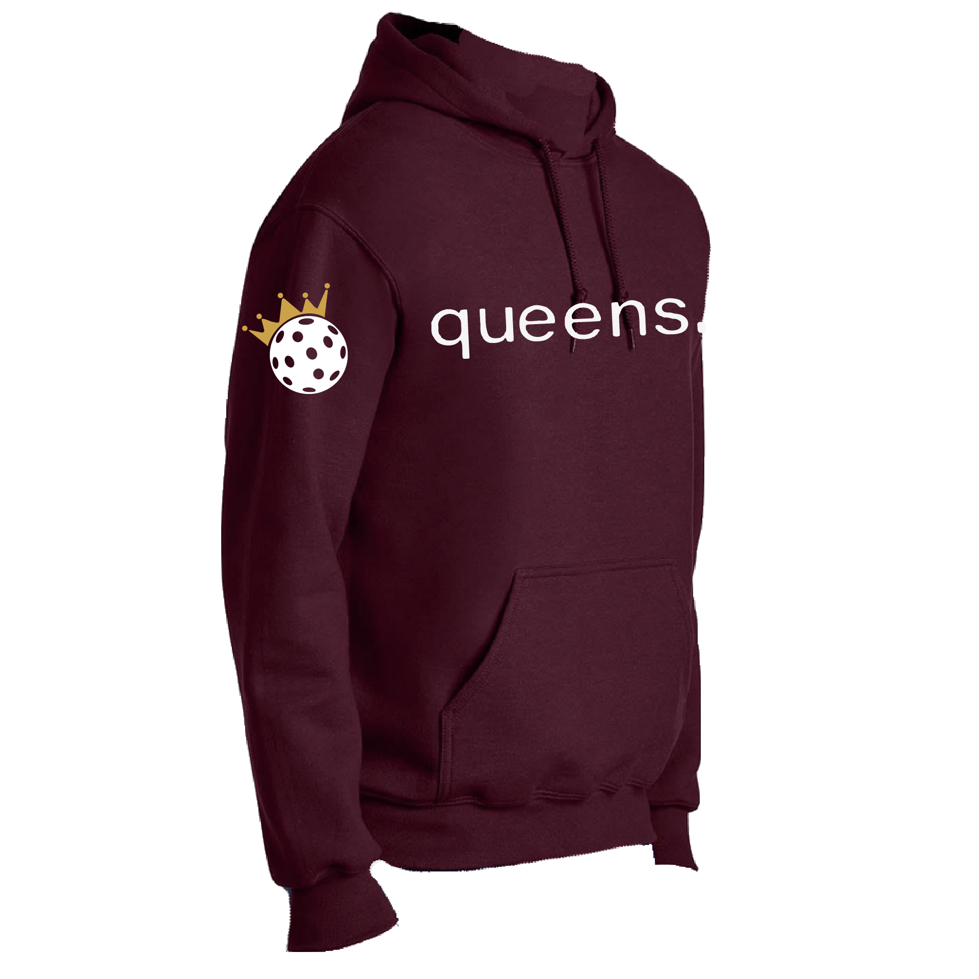 Design: Pickleball Queen with Crown  This unisex hooded sweatshirt is designed with the Pickleball Queen and Crown in mind, utilizing moisture-wicking and double lining features. A front pouch pocket ensures additional warmth, keeping you comfortable on the Pickleball courts with a unique look. Step up your game in this fashionably functional hoodie