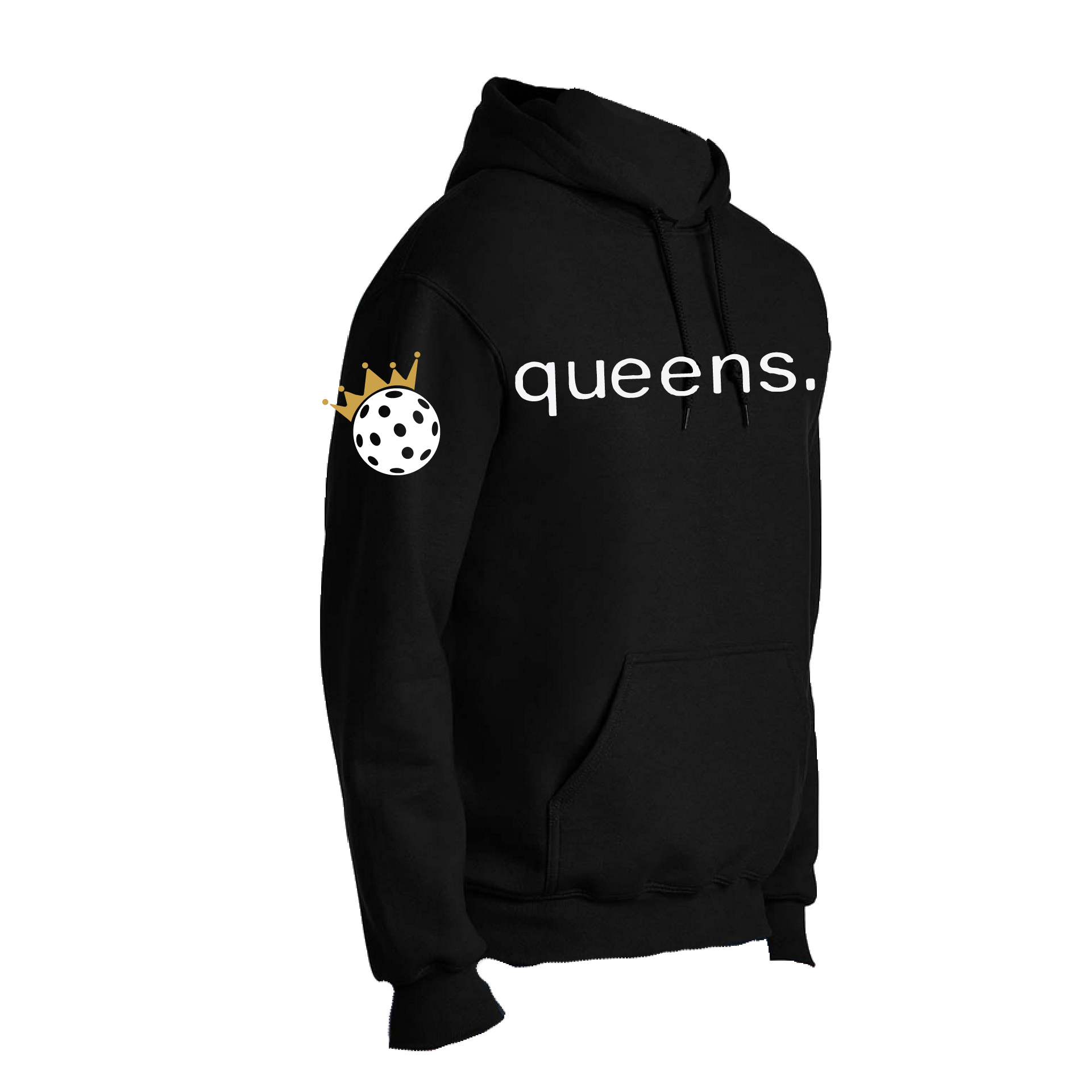Design: Pickleball Queen with Crown  This unisex hooded sweatshirt is designed with the Pickleball Queen and Crown in mind, utilizing moisture-wicking and double lining features. A front pouch pocket ensures additional warmth, keeping you comfortable on the Pickleball courts with a unique look. Step up your game in this fashionably functional hoodie