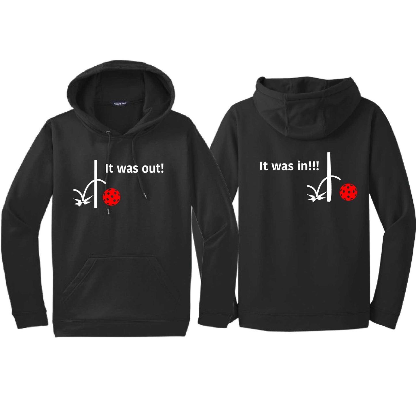 It Was Out! It Was In! (Pickleballs Red White Yellow) | Unisex Hoodie Athletic Sweatshirt | 50% Cotton/50% Polyester