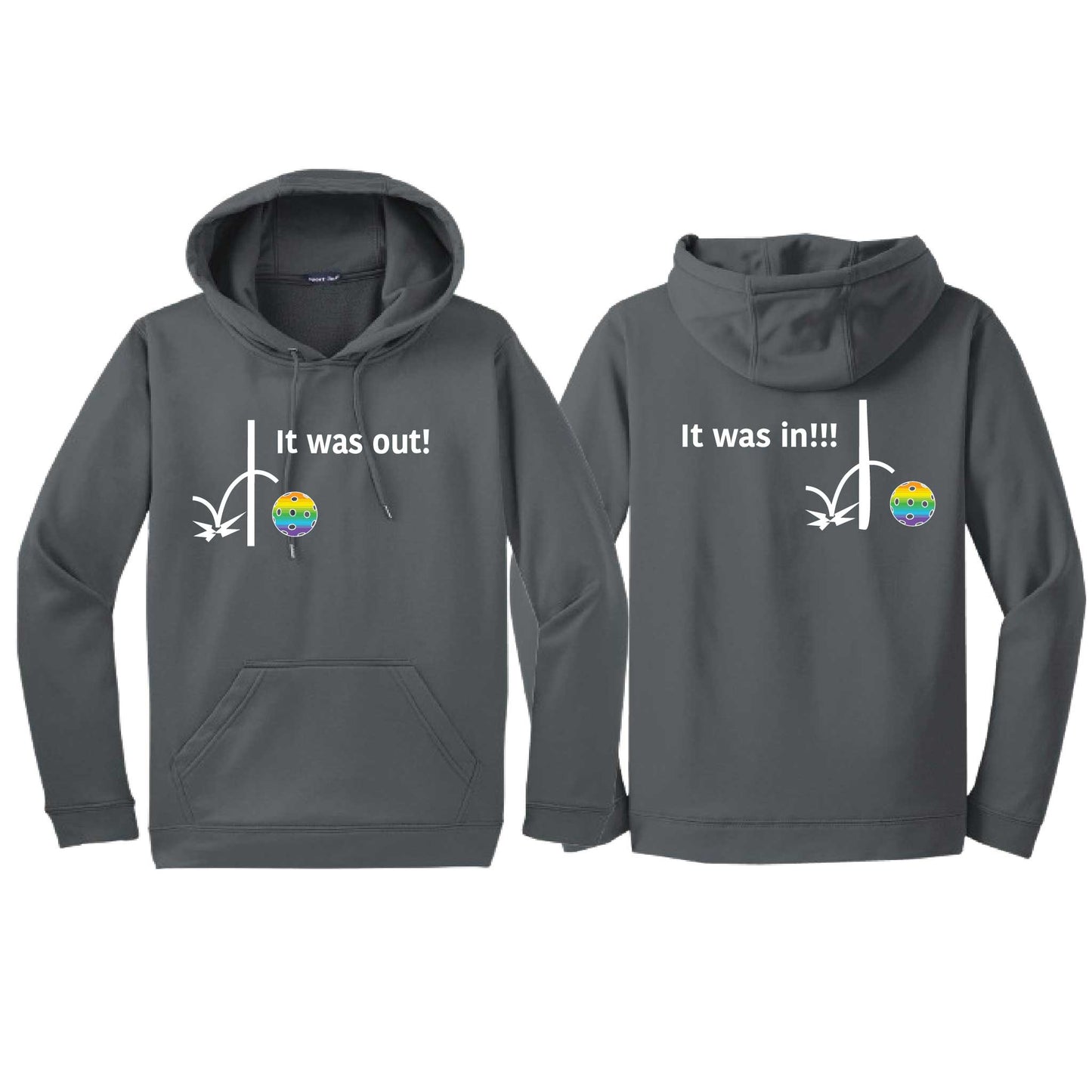 It Was Out! It Was In! (Pickleballs Pink Purple Rainbow) | Unisex Hoodie Athletic Sweatshirt | 50% Cotton/50% Polyester