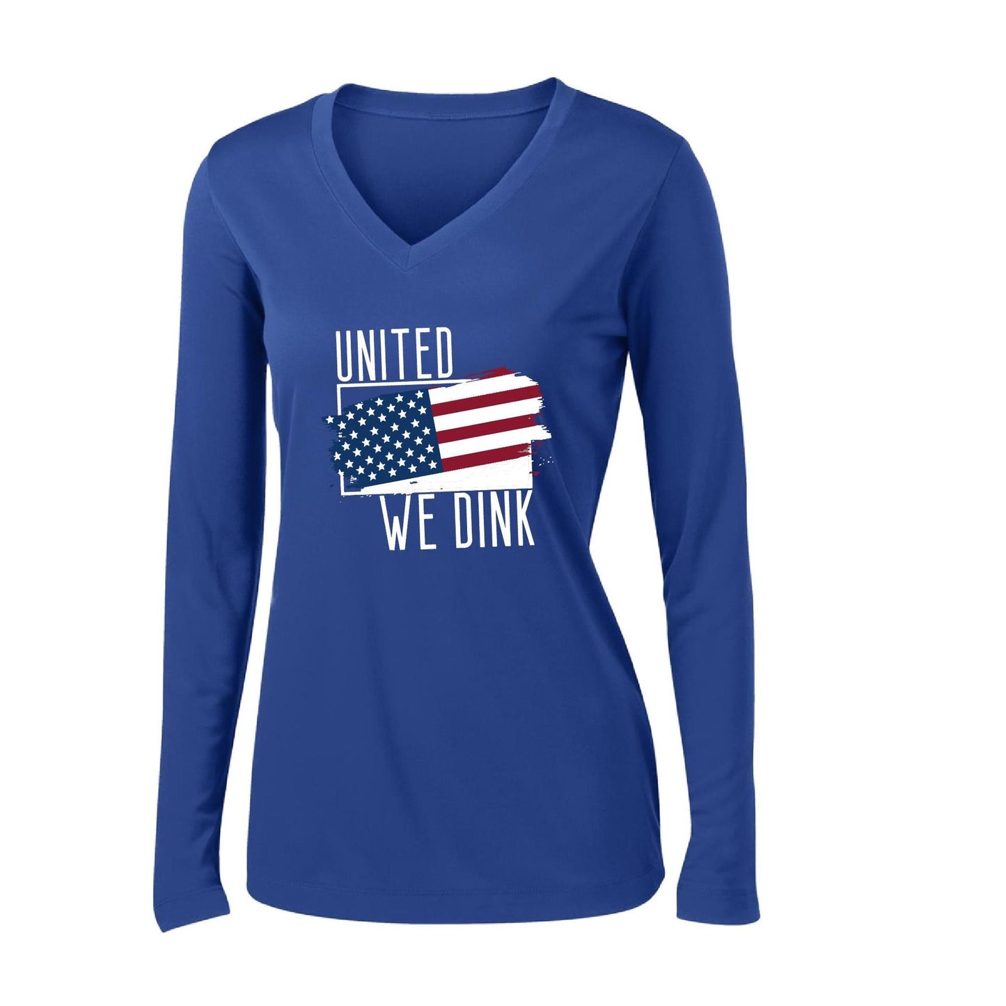 United We Dink | Women’s Long Sleeve V-Neck Pickleball Performance T-Shirt | 100% Polyester
