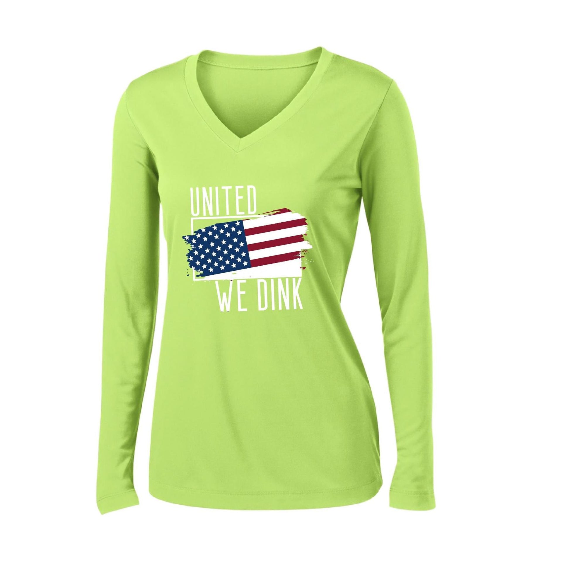 United We Dink | Women’s Long Sleeve V-Neck Pickleball Performance T-Shirt | 100% Polyester