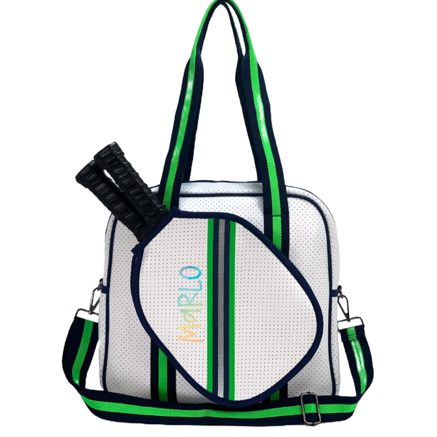 "Urban" White with Green/Blue Trim Pickleball Sports Bag (Free Personalization) | Medium Size Court Bag